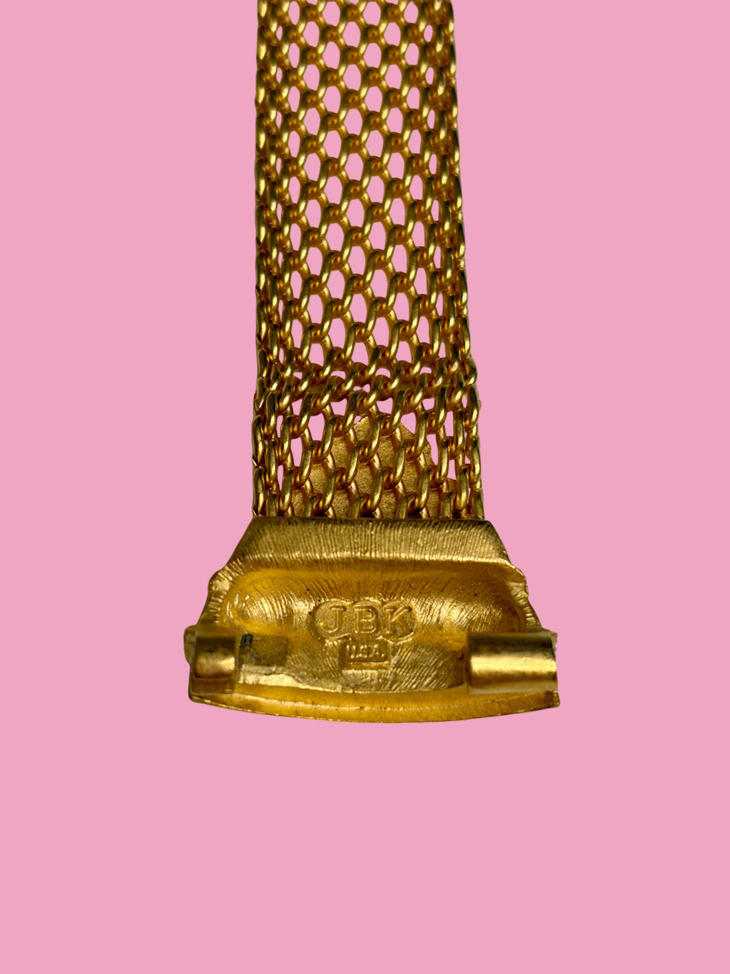 1980s Signed JBK USA Gold Tone Mesh Bracelet w/ Jeweled Clasp