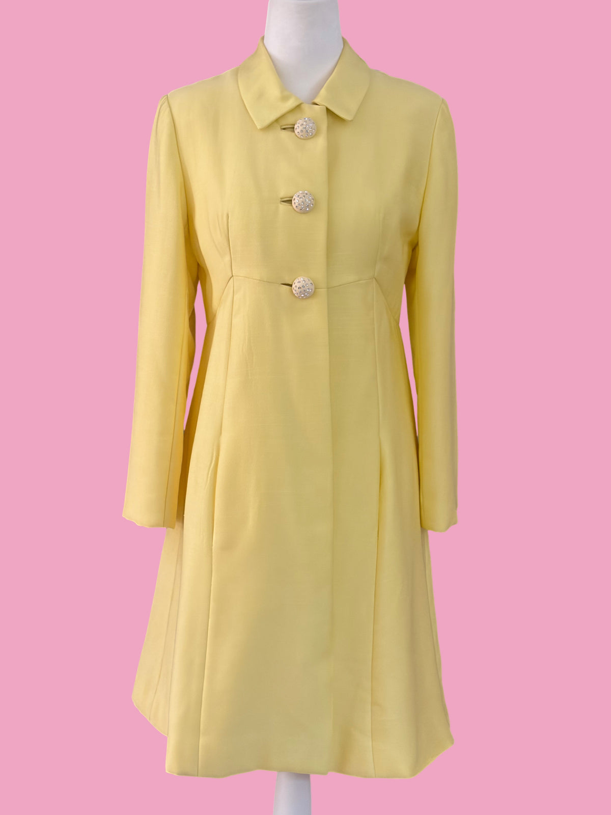 1960s Vintage Yellow Coat w/ Lucite/Rhinestone Buttons
