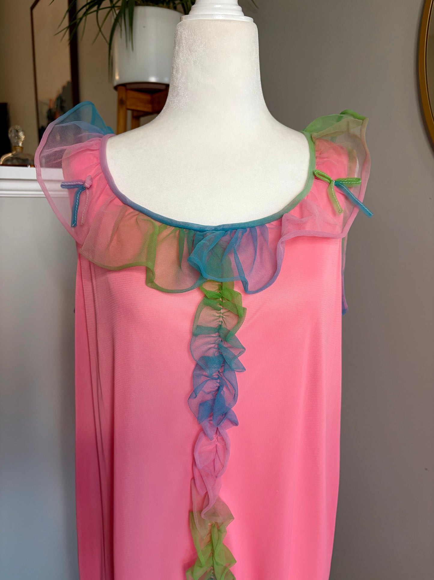 1960s Pink Nightgown with Blue/Green/Pink Ombré Ruffle Trim