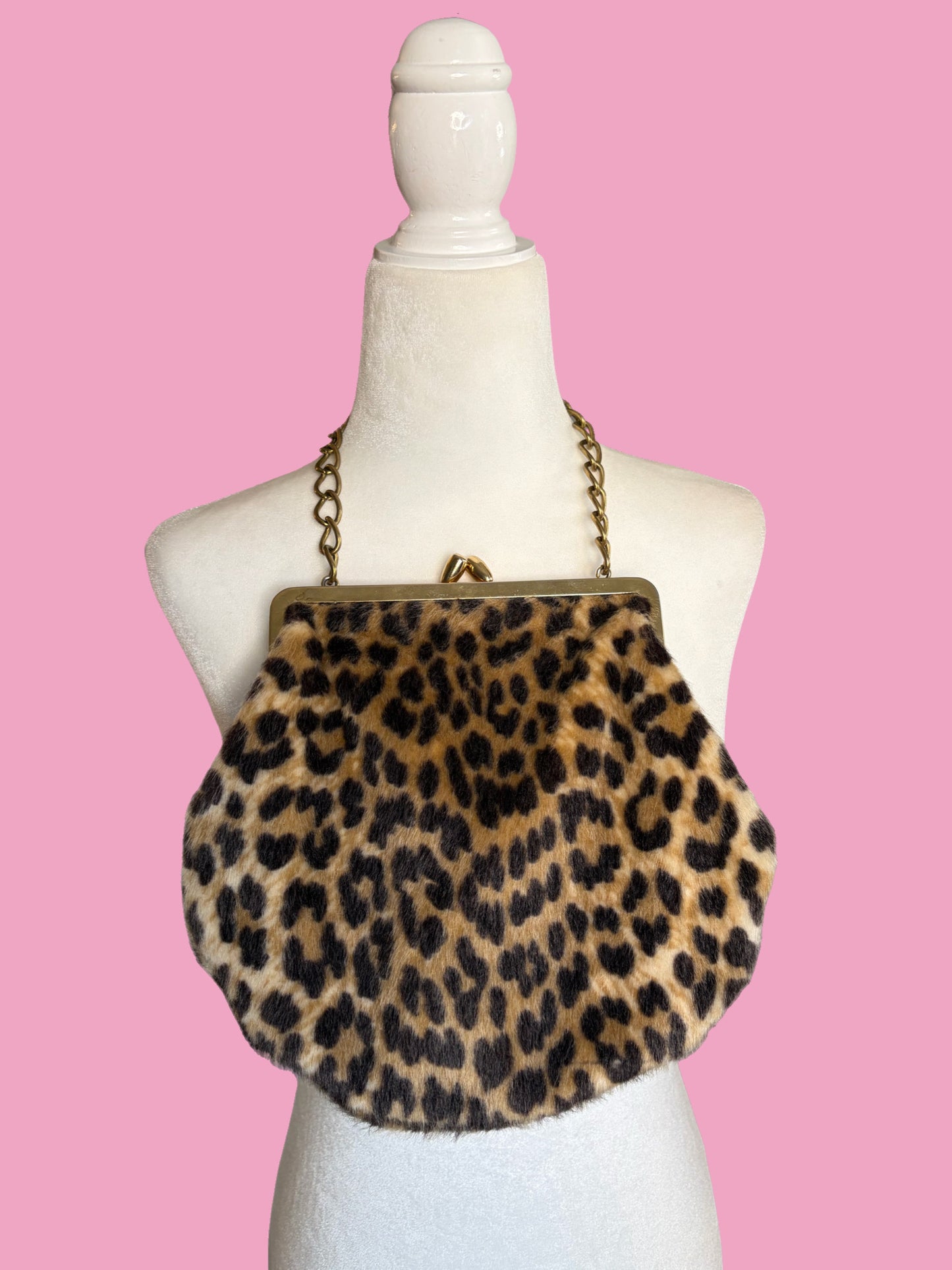 1960s Leopard Faux Fur Handbag with Gold Tone Chain