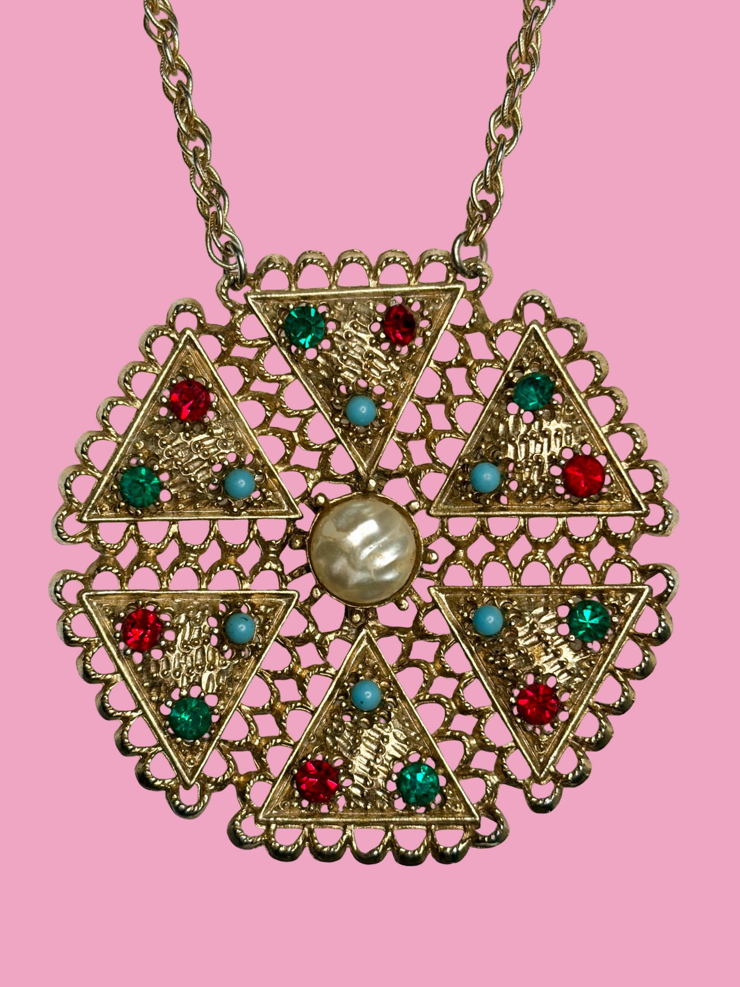 1960s Gold Tone Pendant Necklace w/ Colored Rhinestones, Blue Beads, & Faux Center Pearl