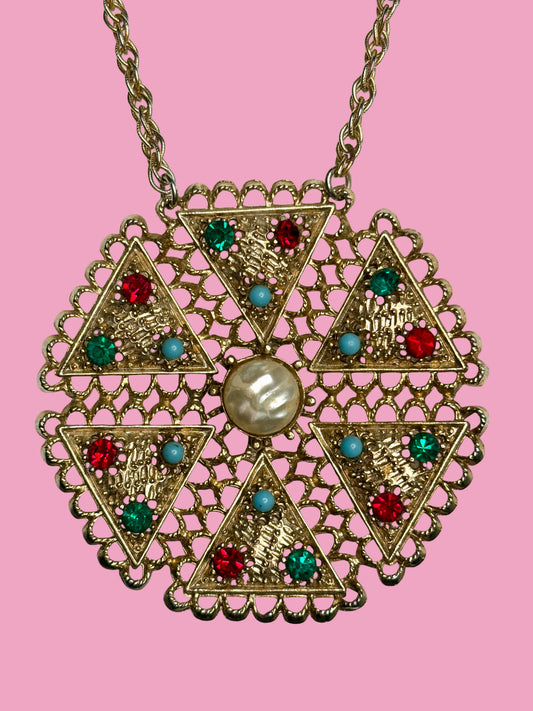 1960s Gold Tone Pendant Necklace w/ Colored Rhinestones, Blue Beads, & Faux Center Pearl