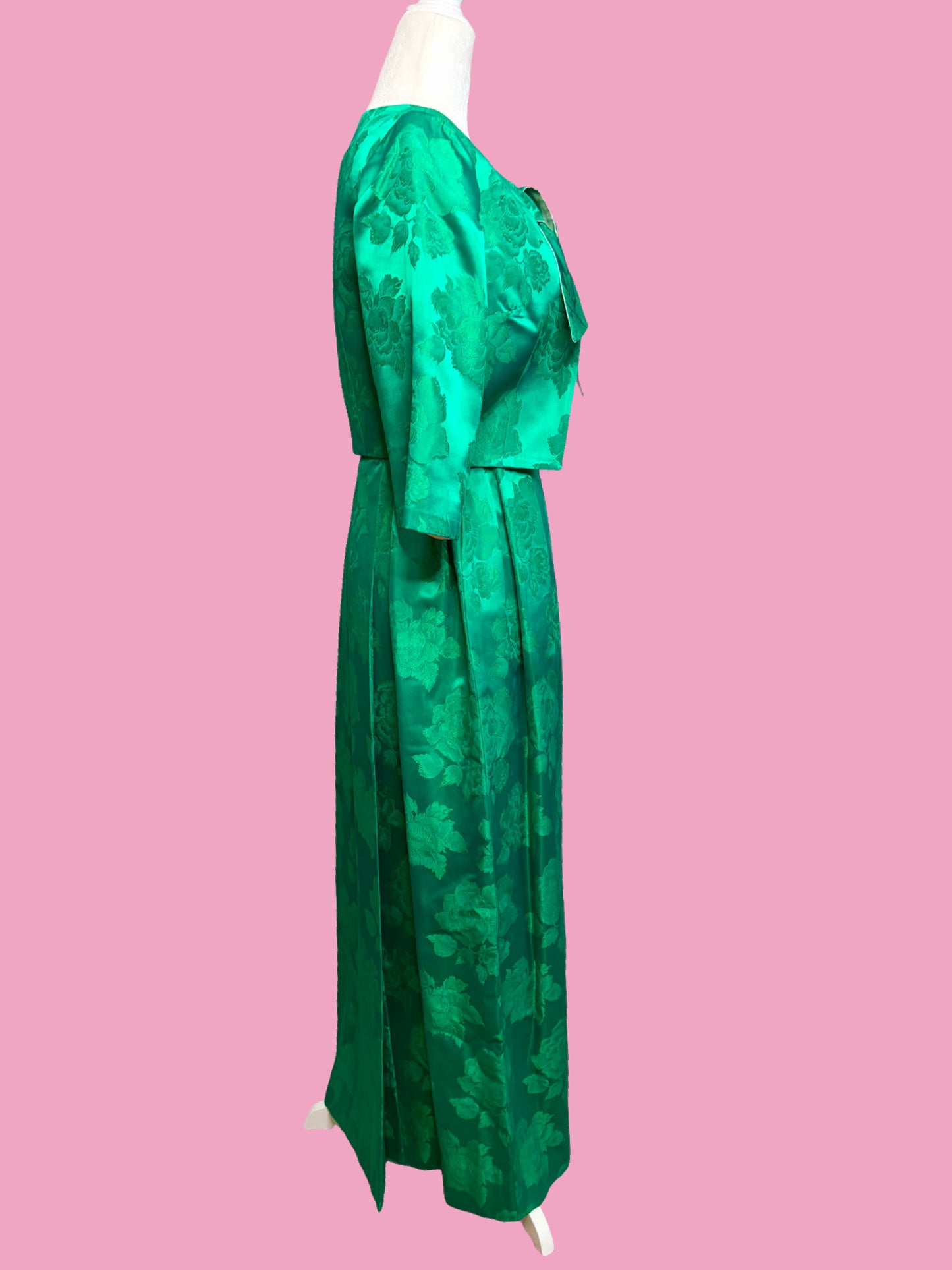 1950s Emerald Floral Brocade Party Dress with Matching Jacket