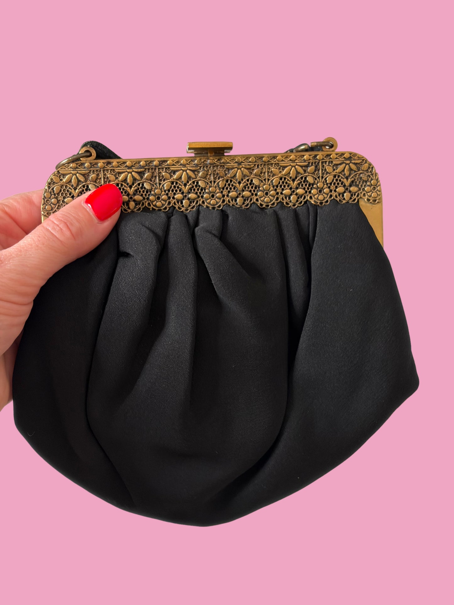 1940s Black Bag with Brass Filigree Frame