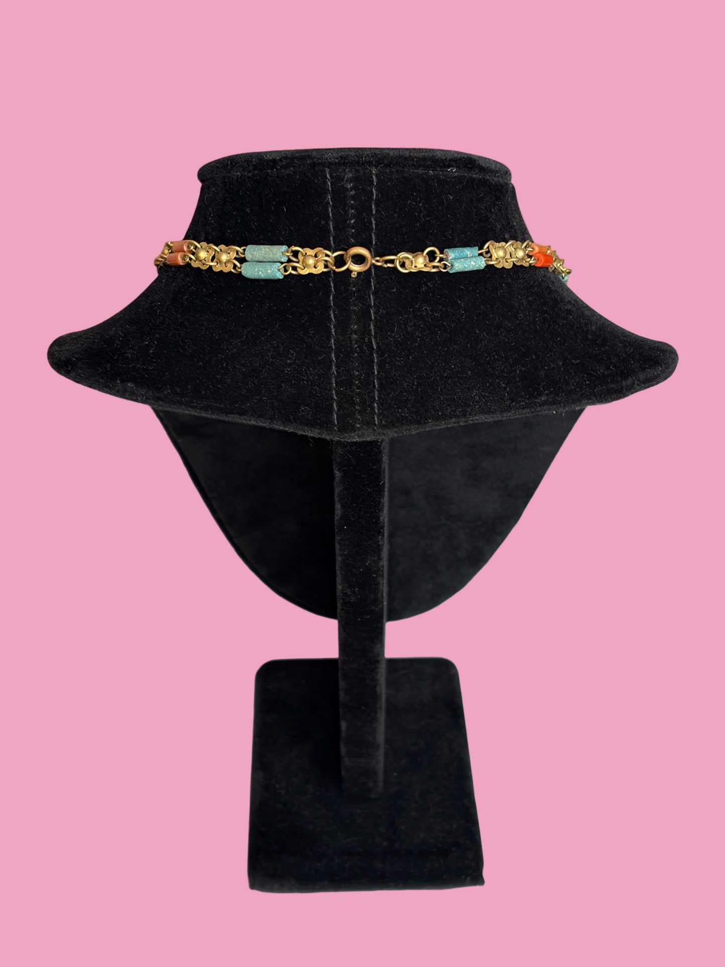 1930s Egyptian Revival Brass Coral & Faience Bead Bib Necklace