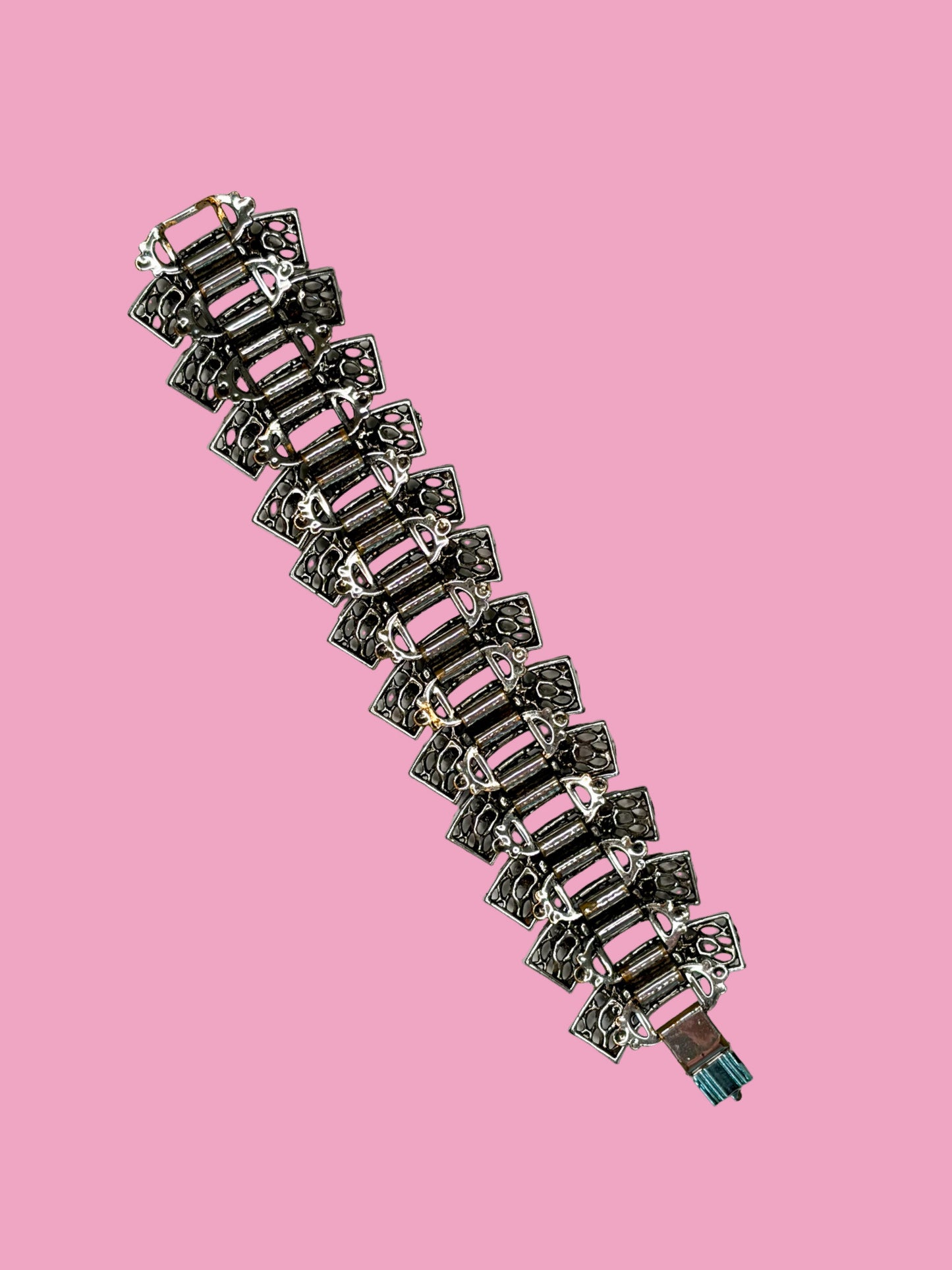 Dazzling 1960s Mid Century Chunky Silver Tone Panel Bracelet w/ Purple Rhinestones & Faux Turquoise
