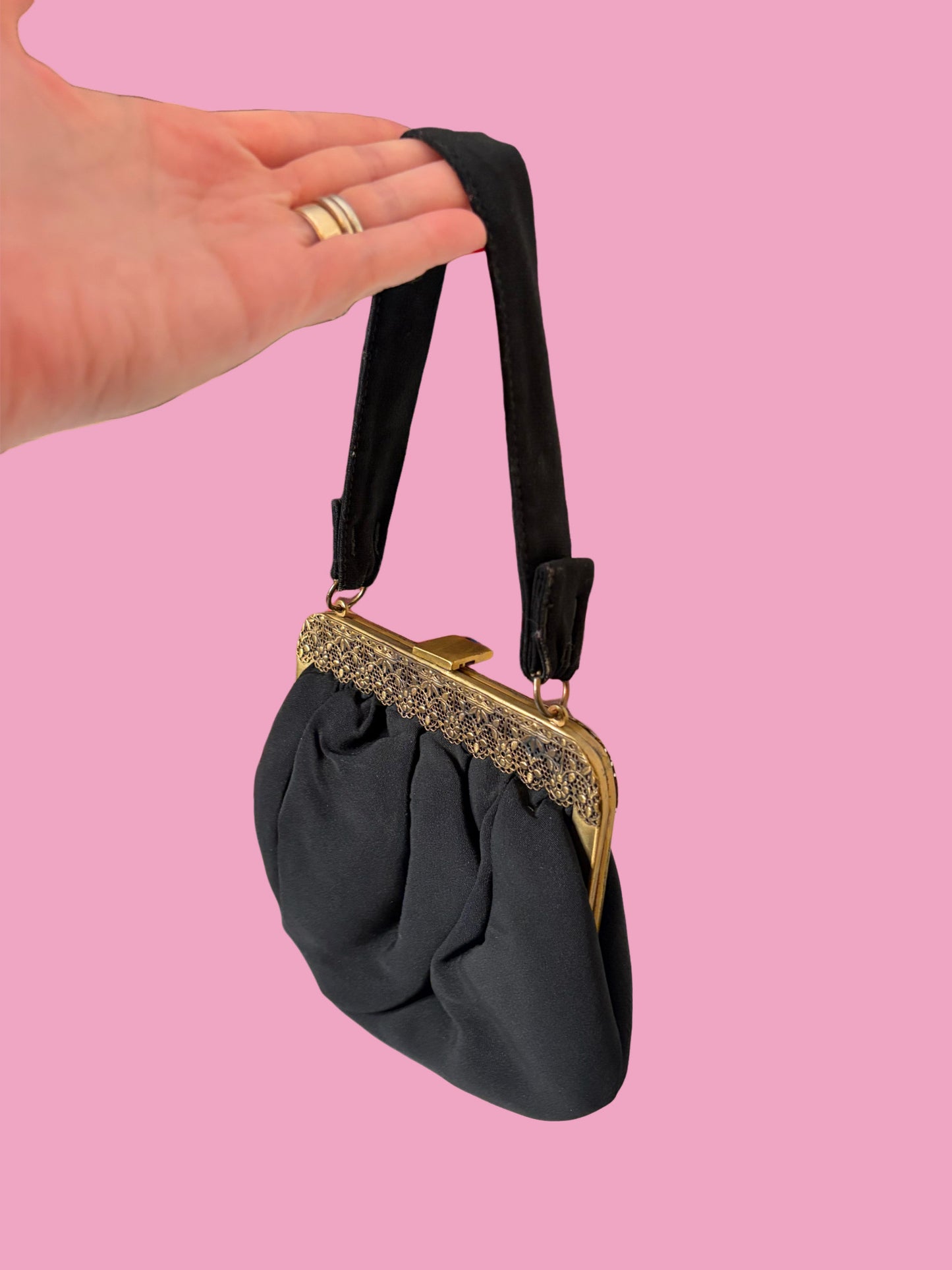 1940s Black Bag with Brass Filigree Frame
