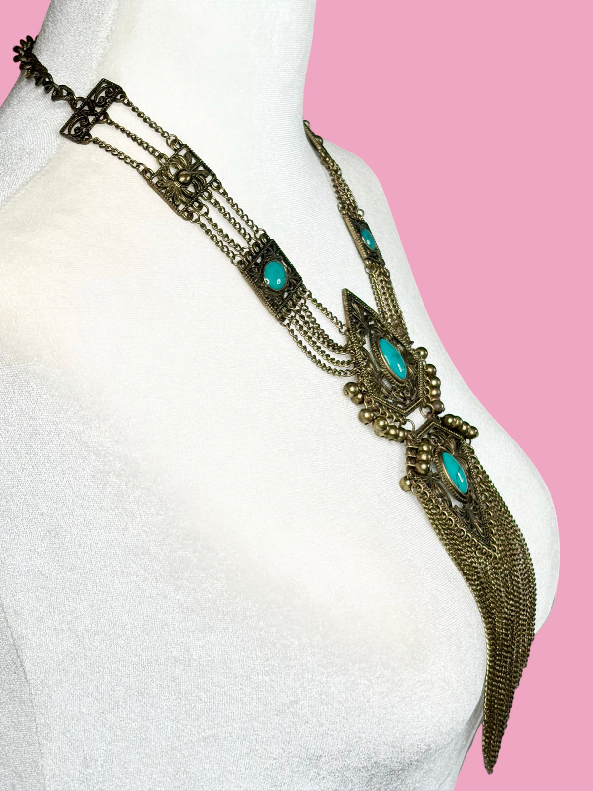 1960s Brass & Faux Turquoise Bib Necklace