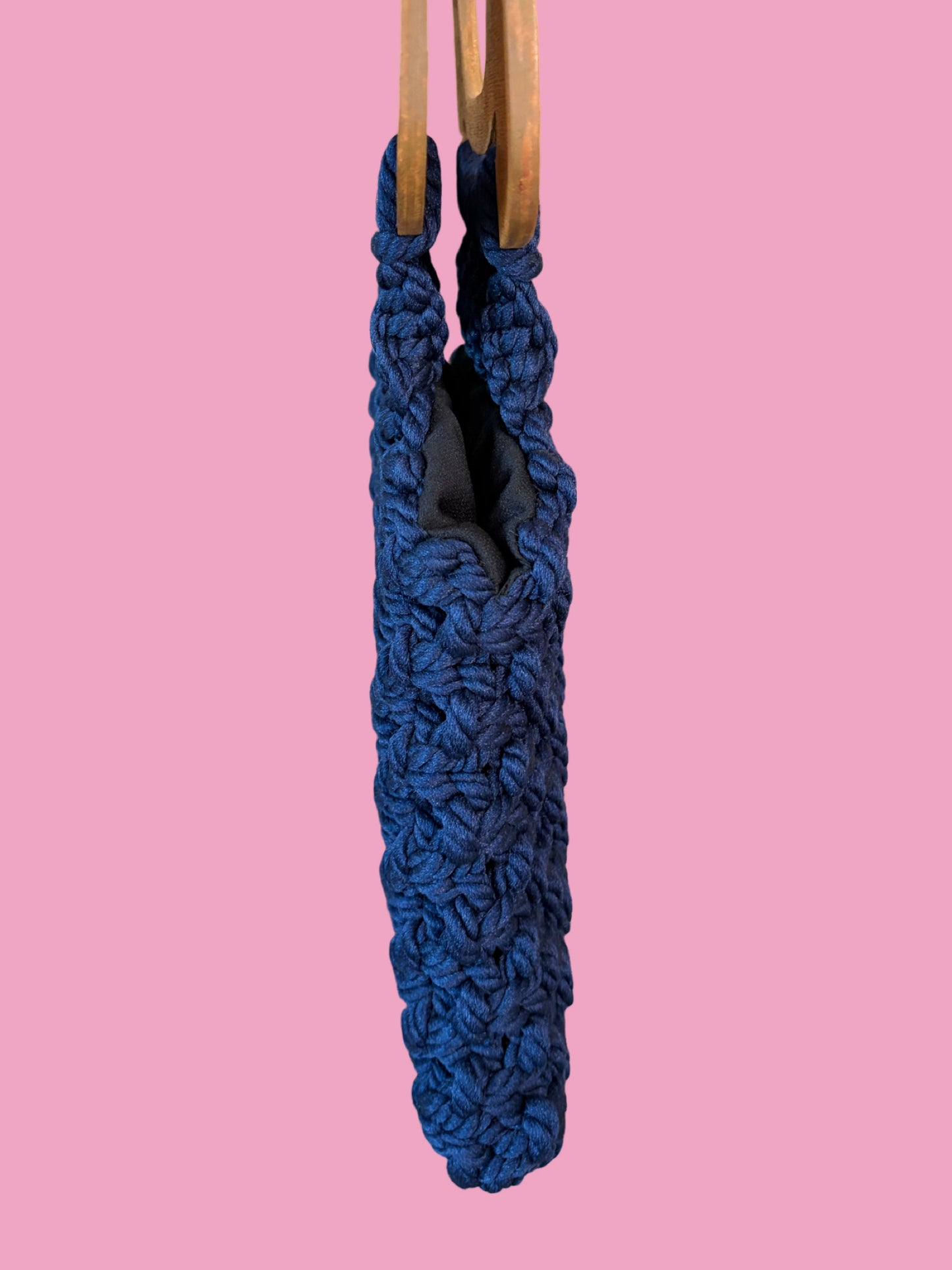 1970s Navy Blue Macrame Handbag w/ Wooden Handles