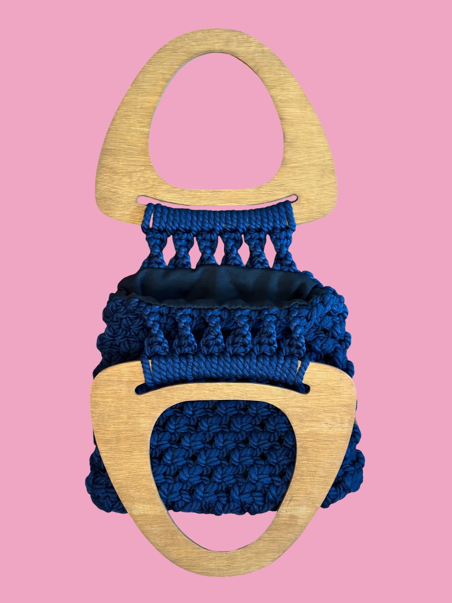 1970s Navy Blue Macrame Handbag w/ Wooden Handles