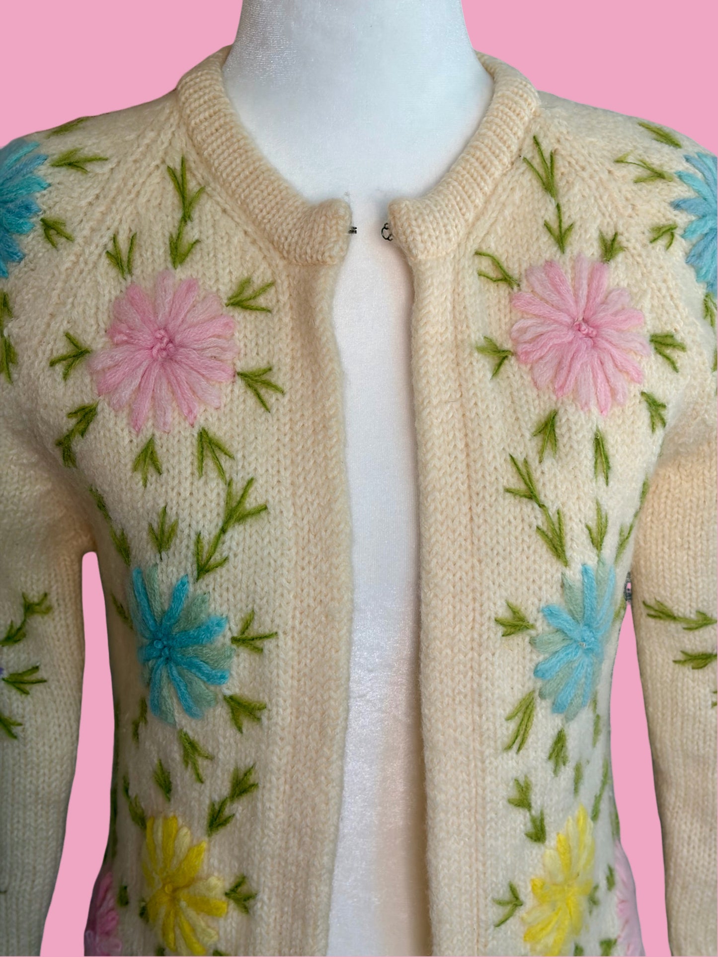 1960s Ivory Hand Embroidered Cardigan Sweater by Fully Fashioned