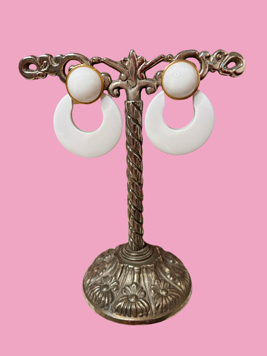 Vintage Les Bernard White Enamel Clip Dangle Earrings