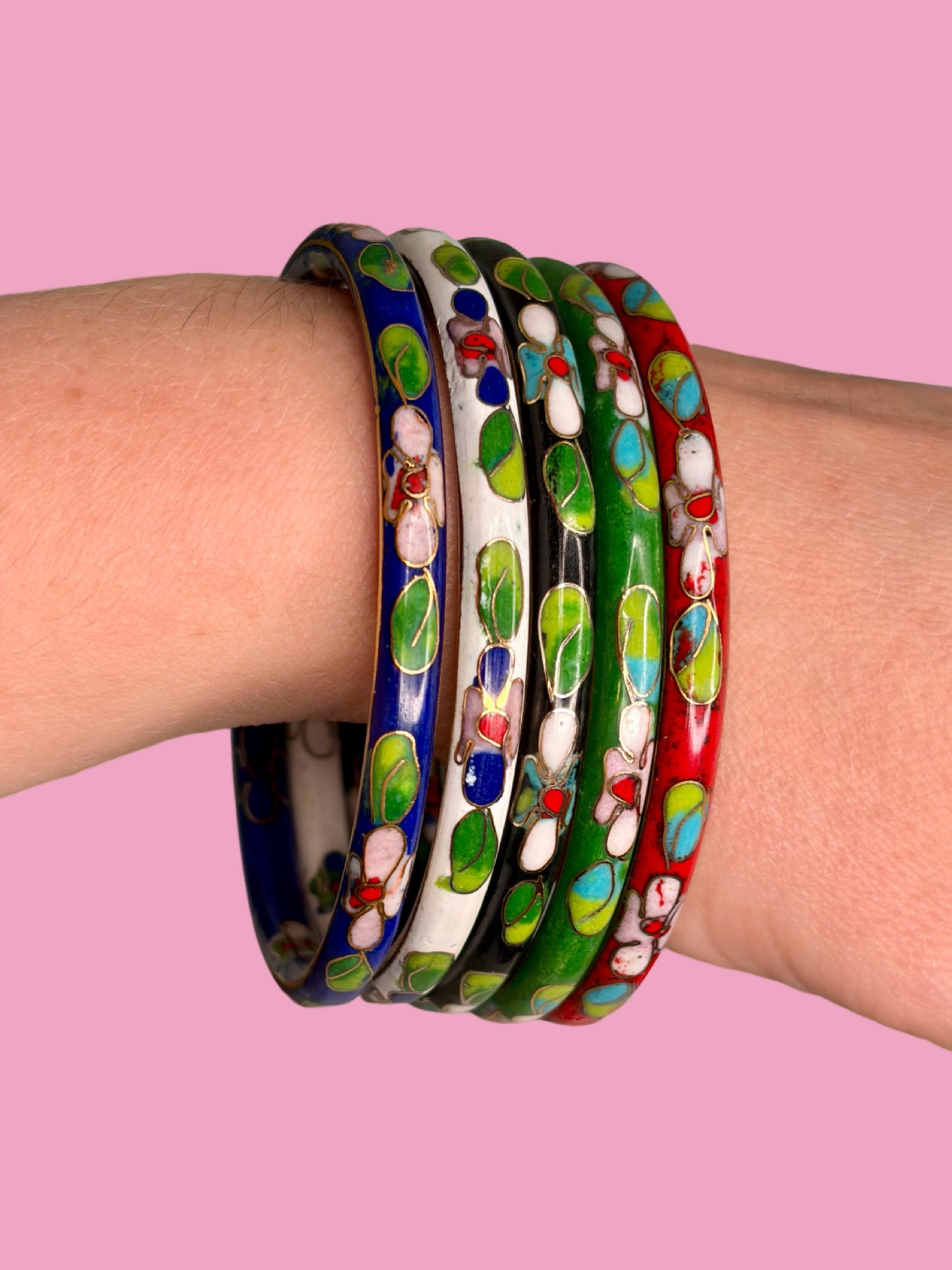 Vintage Set of Five Floral Enamel Cloisonee Bangles