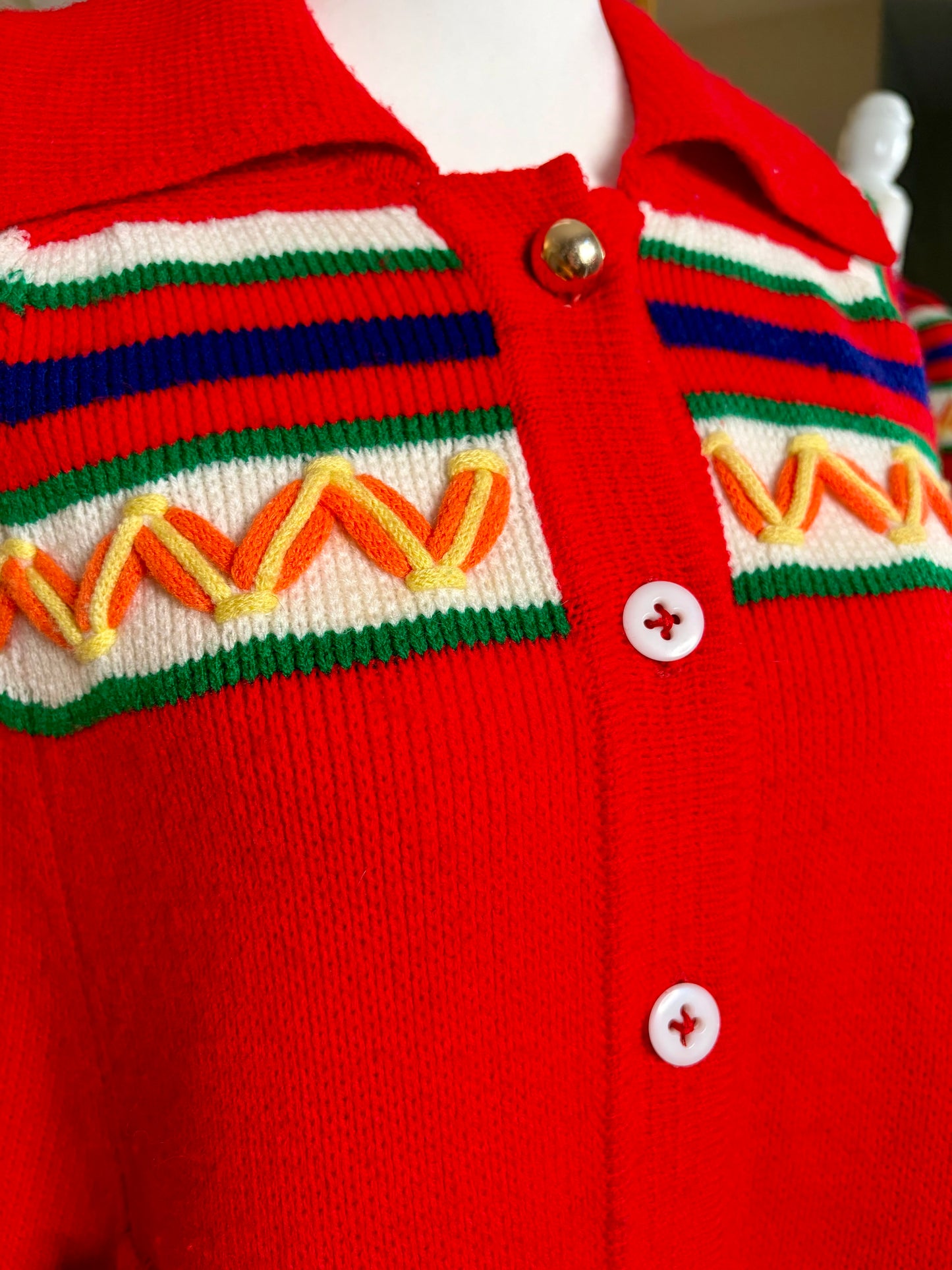 1970s Red Patterned Knit Poncho