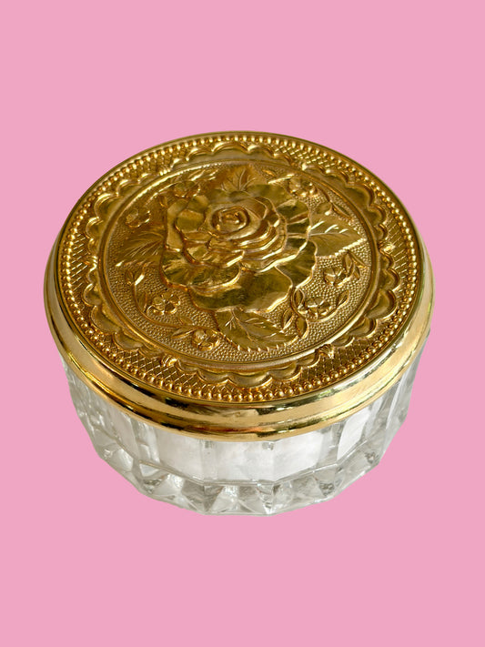 1970s NOS Repousee Glass & Brass Vanity Jar w/ Puff