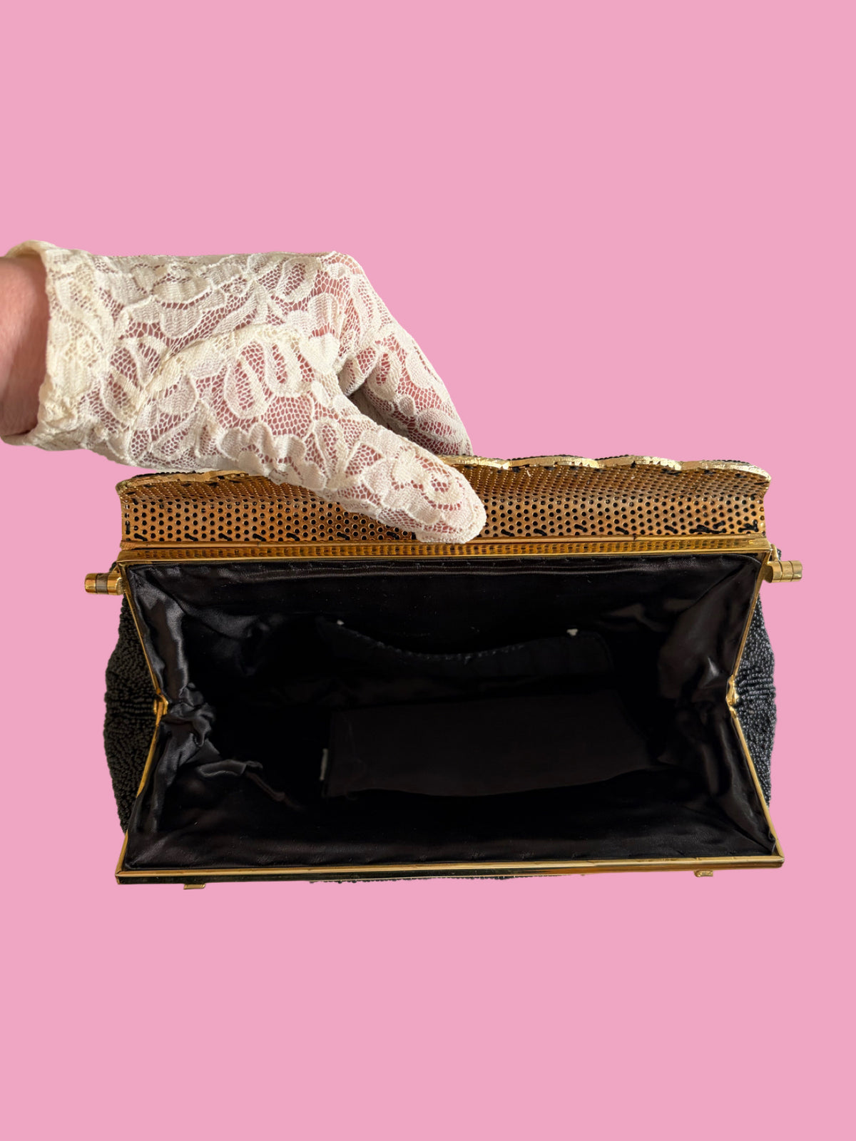 1950s Vintage Mid Century Black Seed Bead Rose Needlepoint Handbag