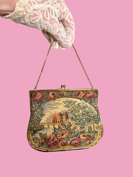 1930s Art deco Scenic Petit Point Tapestry Bag