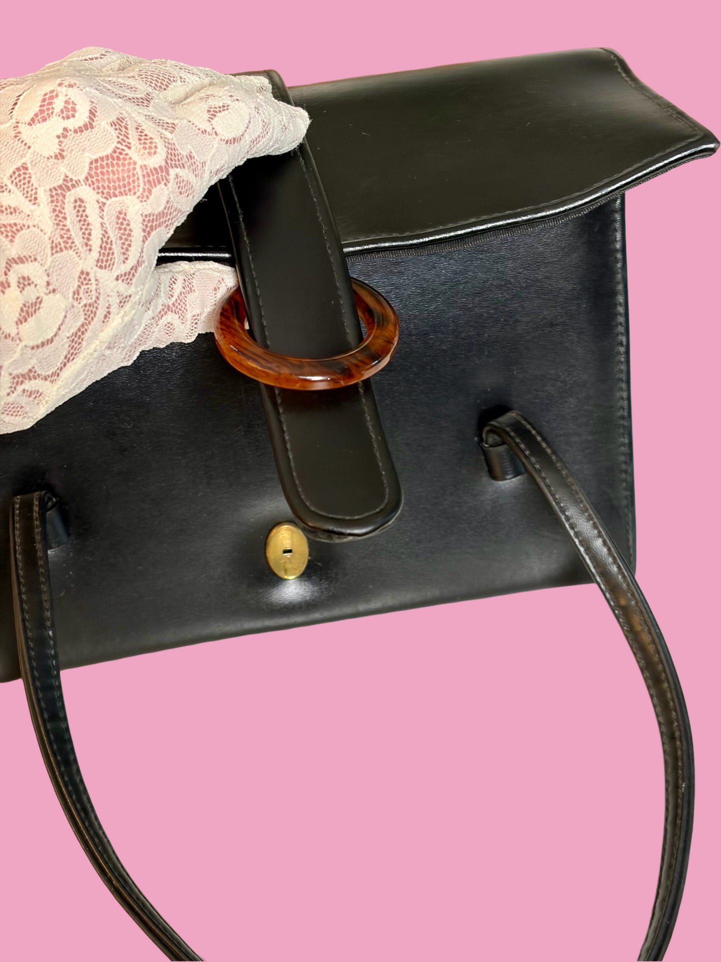 1970s Black Vinyl Handbag with Lucite Ring Clasp
