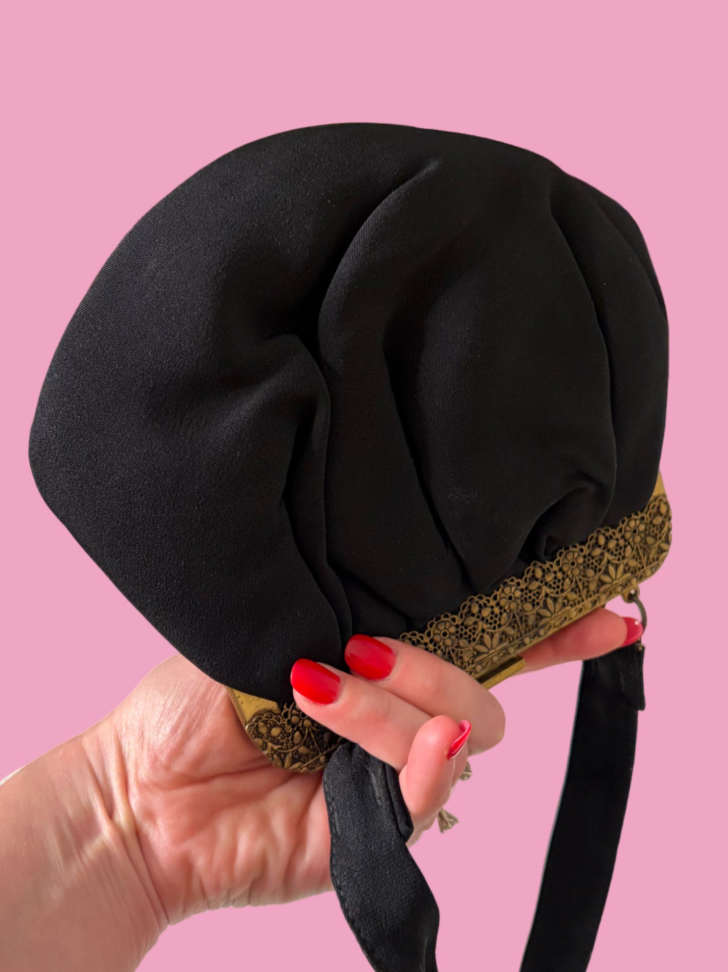 1940s Black Bag with Brass Filigree Frame