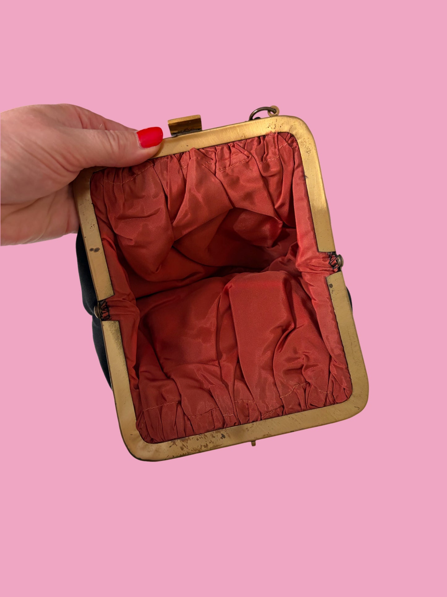 1940s Black Bag with Brass Filigree Frame