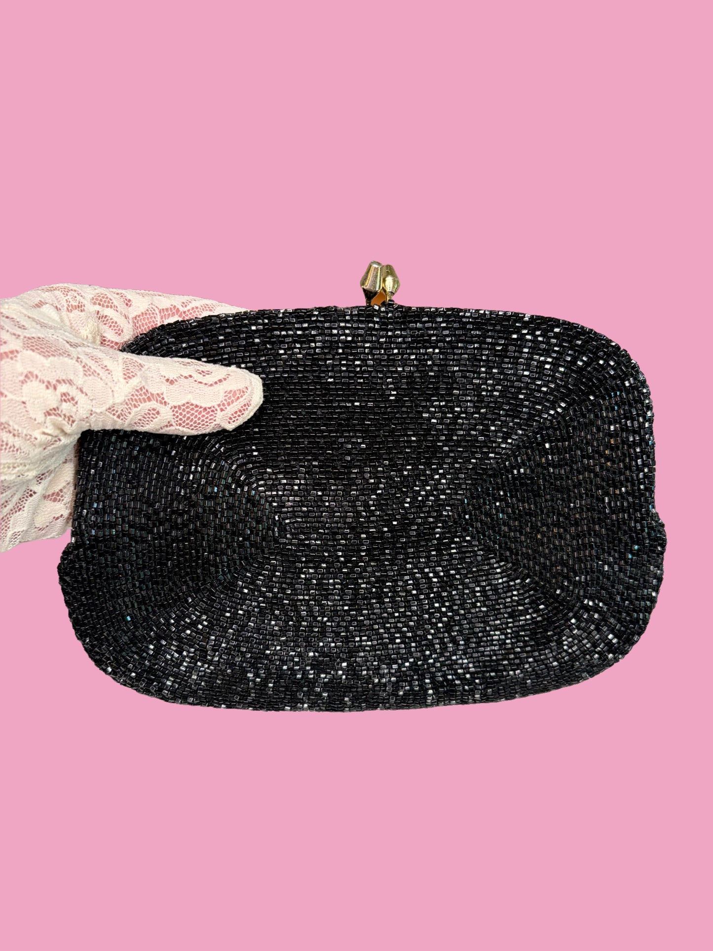 1950s Black Glass Beaded Clutch w/ Optional Strap