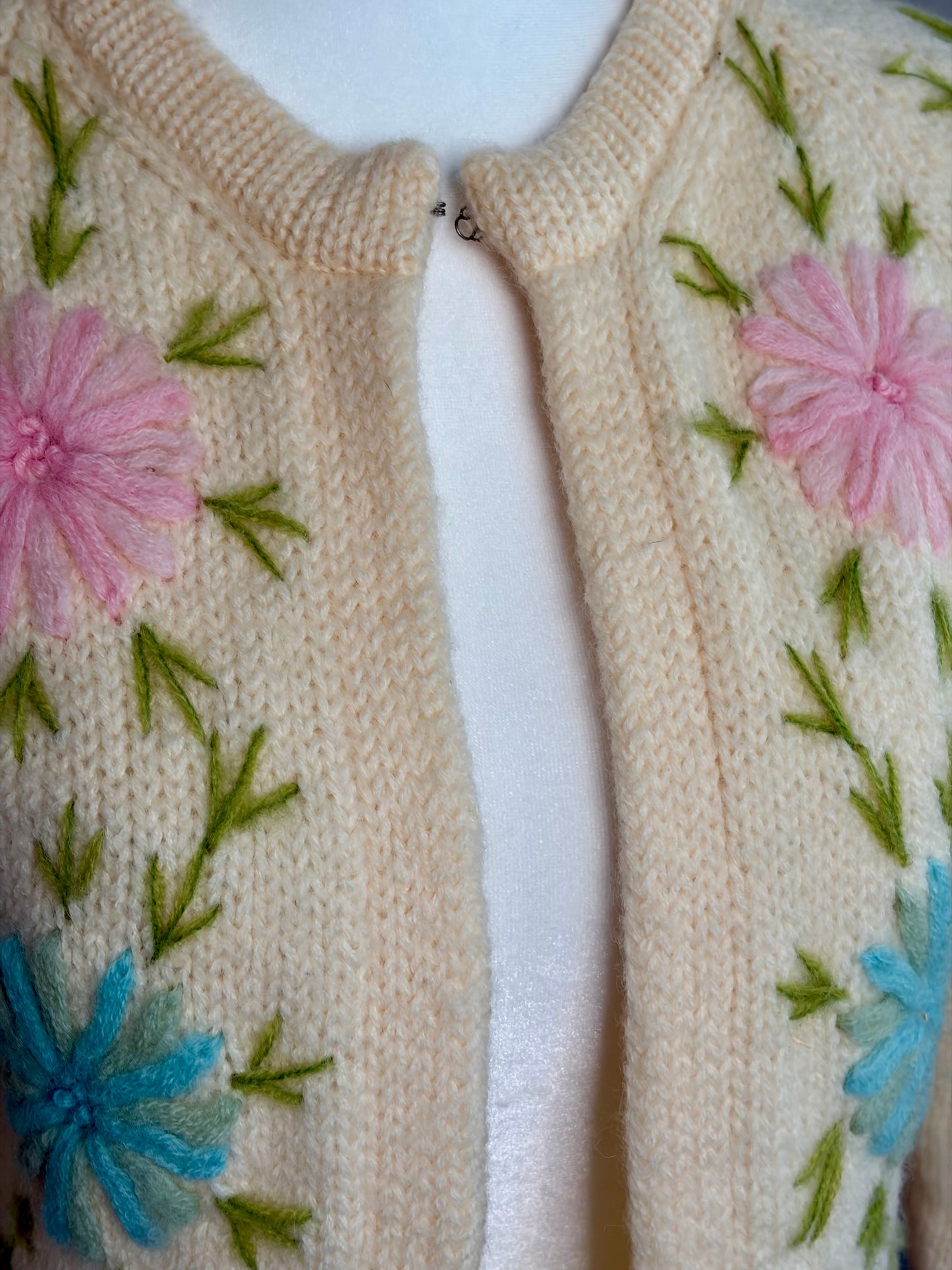 1960s Ivory Hand Embroidered Cardigan Sweater by Fully Fashioned