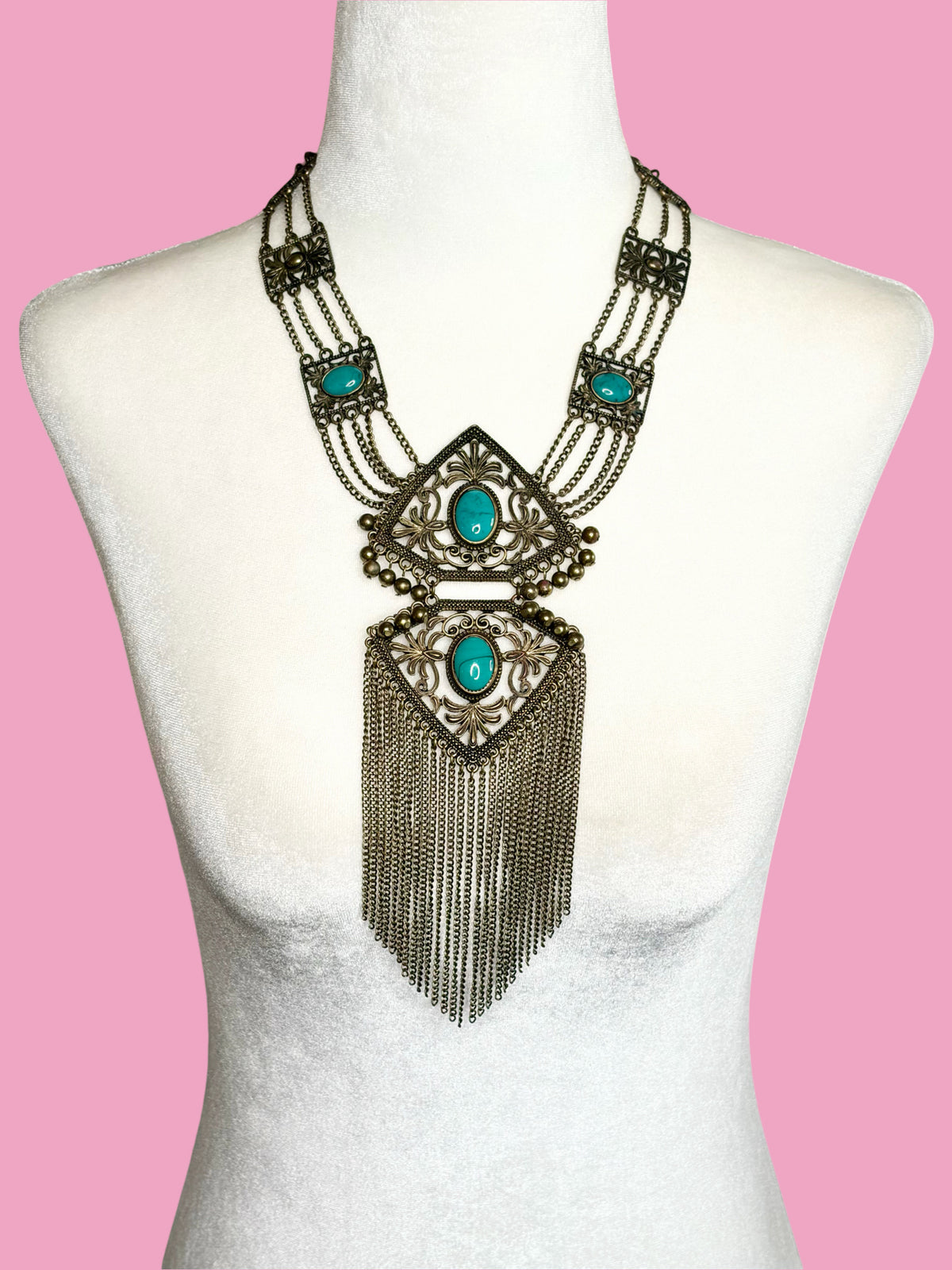 1960s Brass & Faux Turquoise Bib Necklace