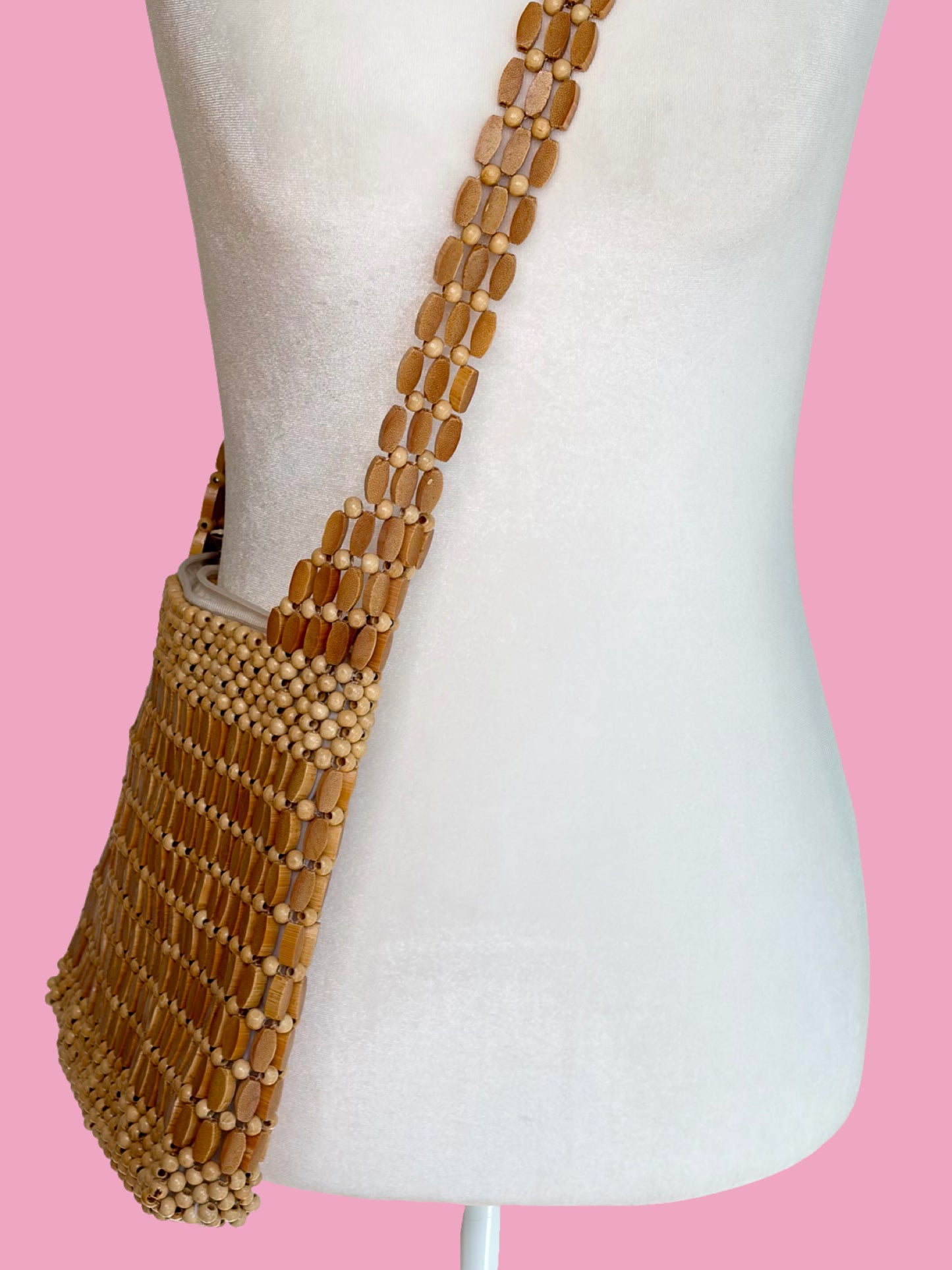 1970s Boho Wooden Beaded Shoulder Bag