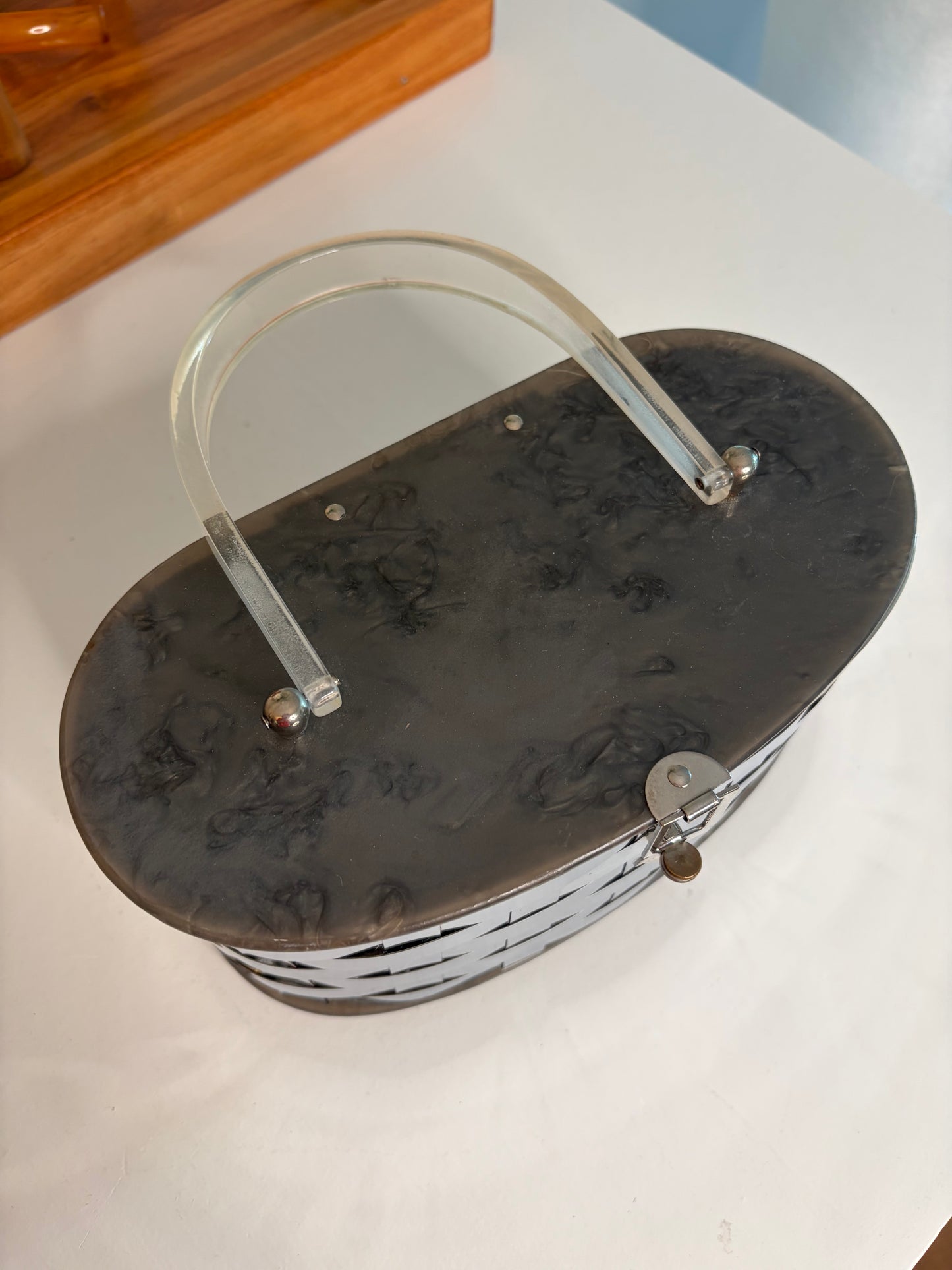1950s Mirrored Basketweave Box Purse w/ Lucite Top/Handle