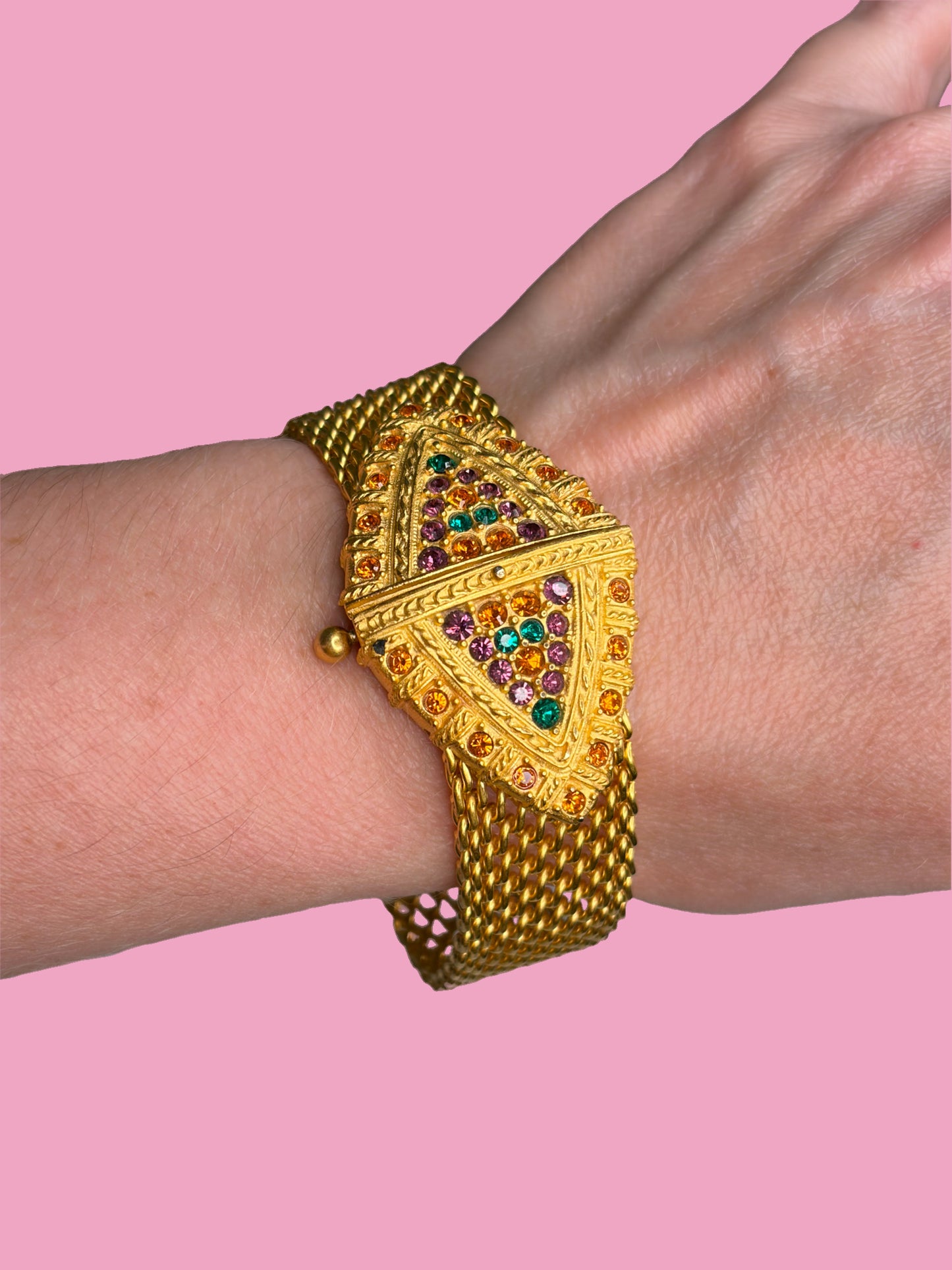 1980s Signed JBK USA Gold Tone Mesh Bracelet w/ Jeweled Clasp