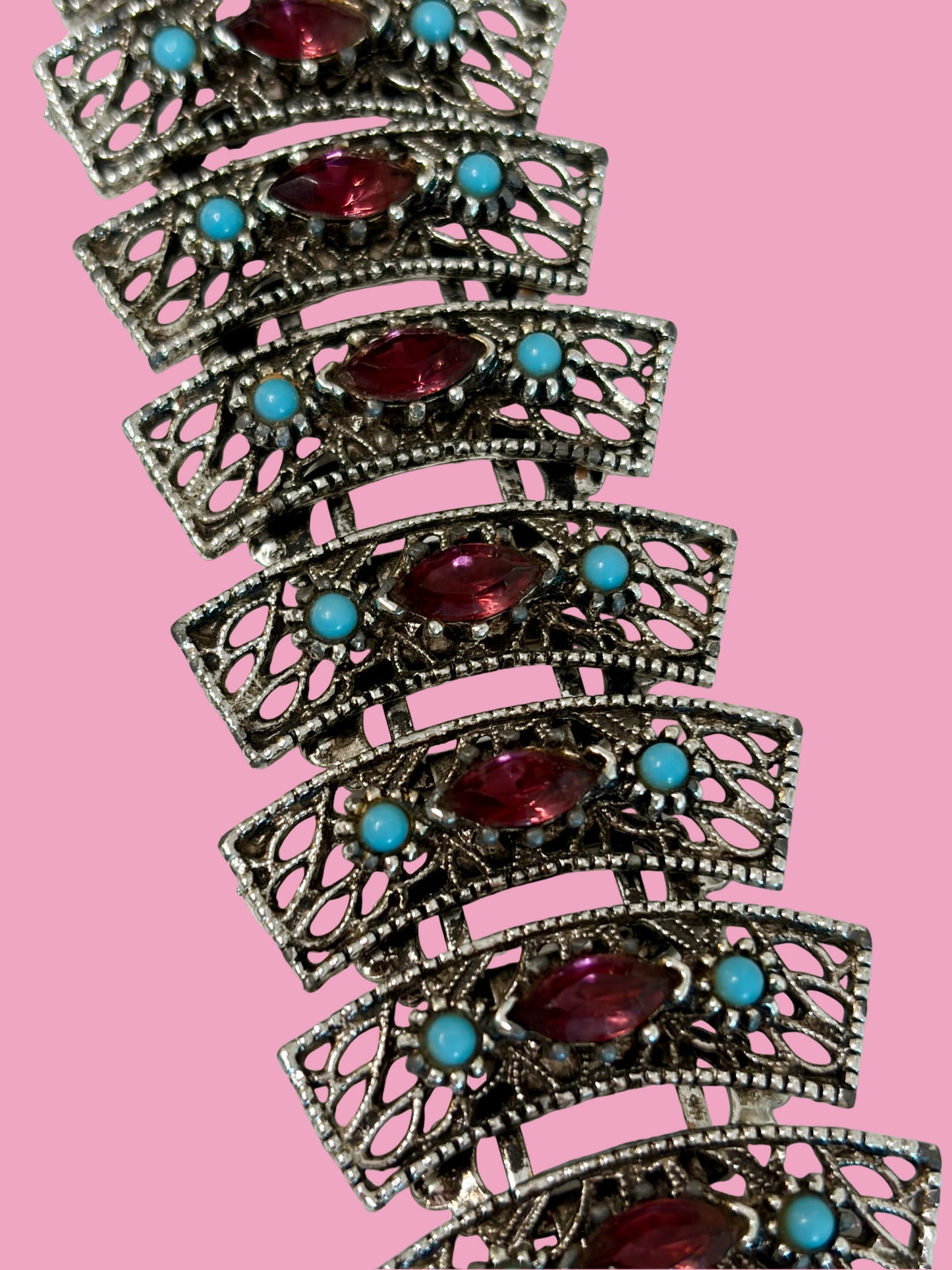 Dazzling 1960s Mid Century Chunky Silver Tone Panel Bracelet w/ Purple Rhinestones & Faux Turquoise