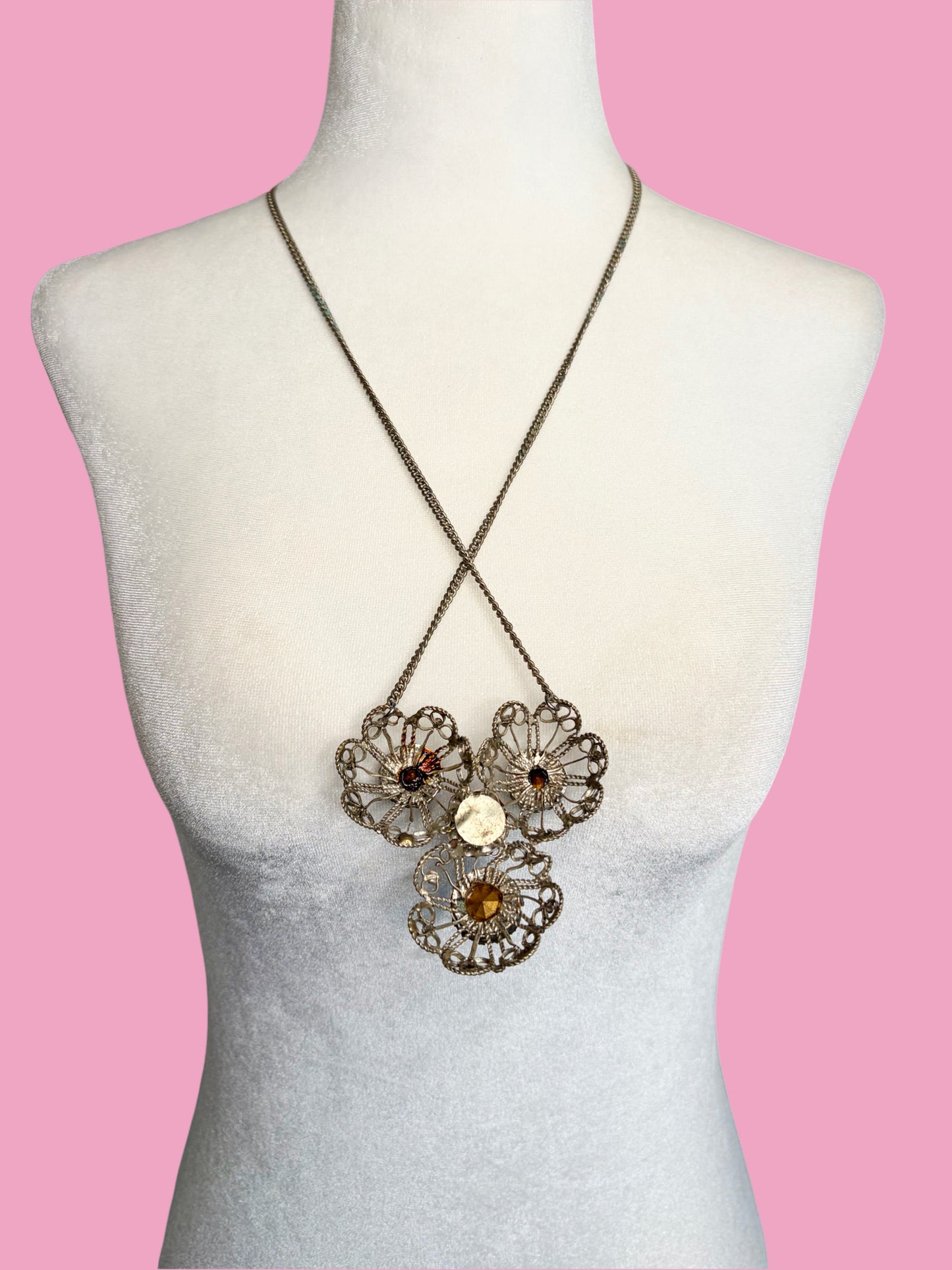 1960s Mid Century Silver Toned Filigree Pendant Necklace w/ Four Vibrant Colored Glass Stones