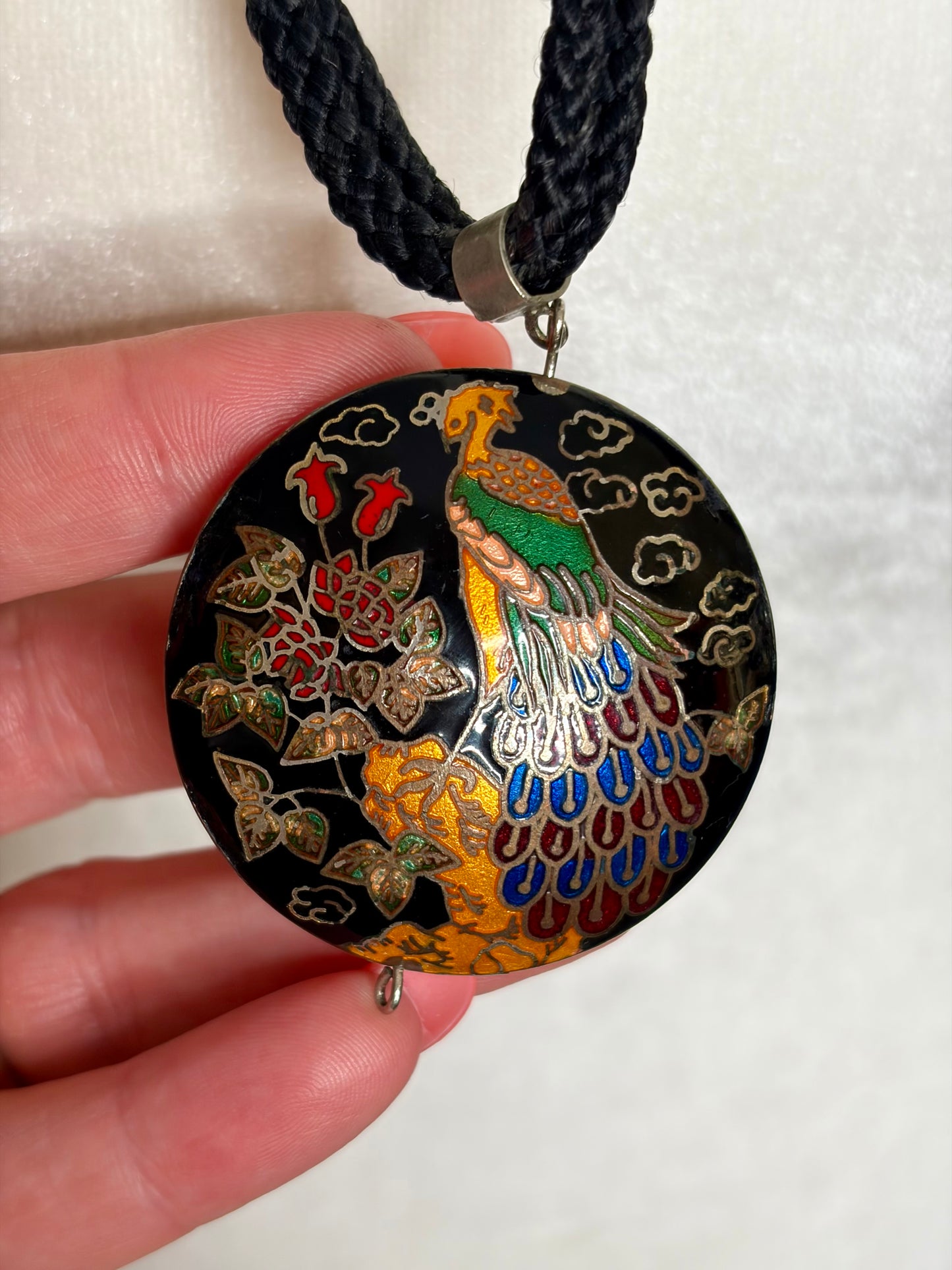 1970s Cloisonné Peacock Pendant Necklace