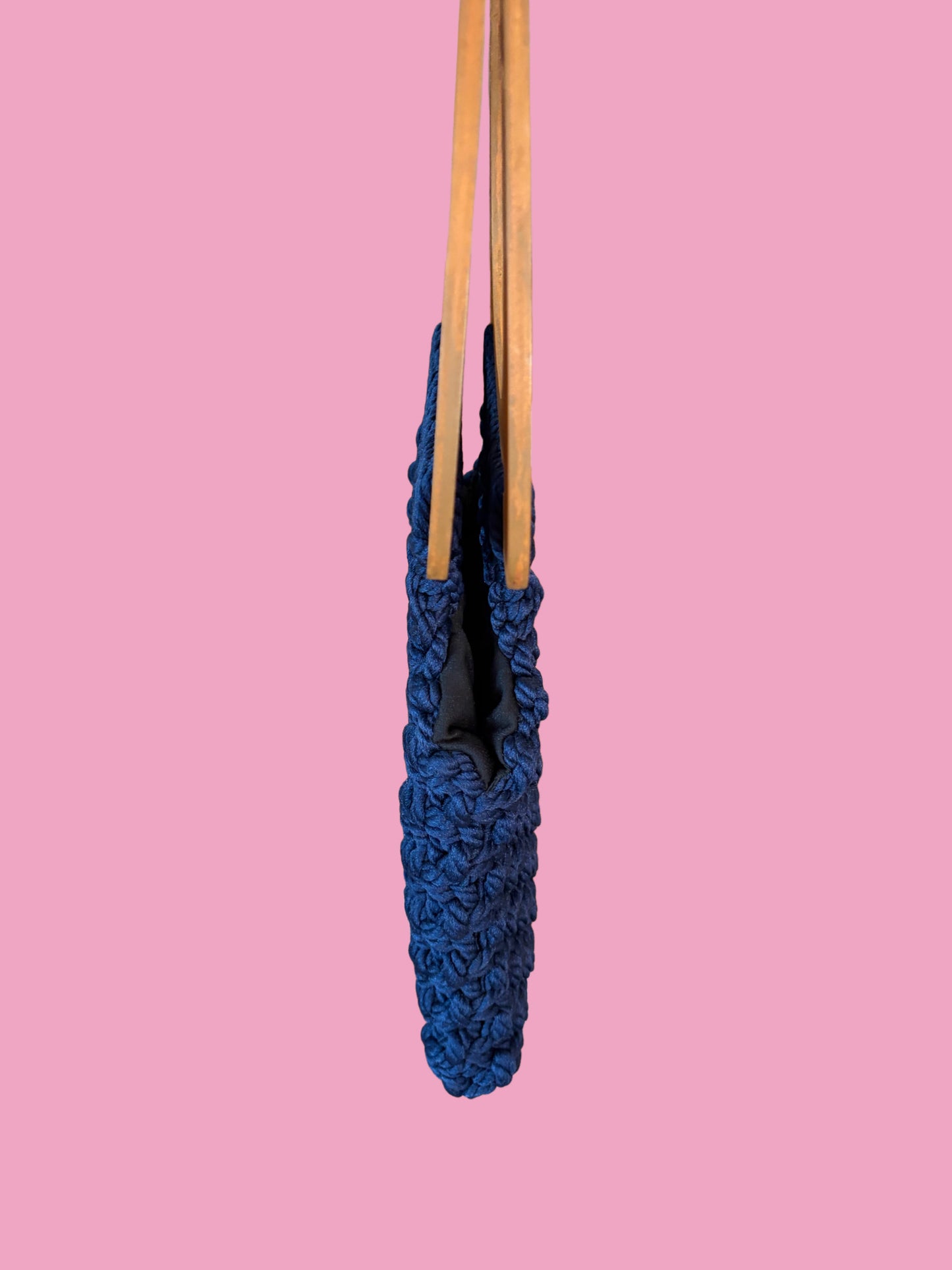 1970s Navy Blue Macrame Handbag w/ Wooden Handles