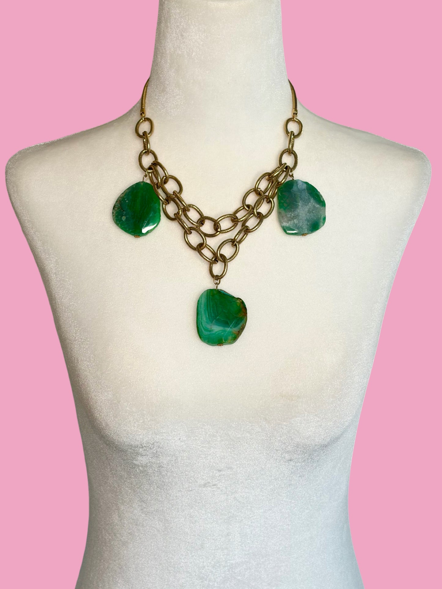 1970s Green Agate Gold Tone Chain Necklace