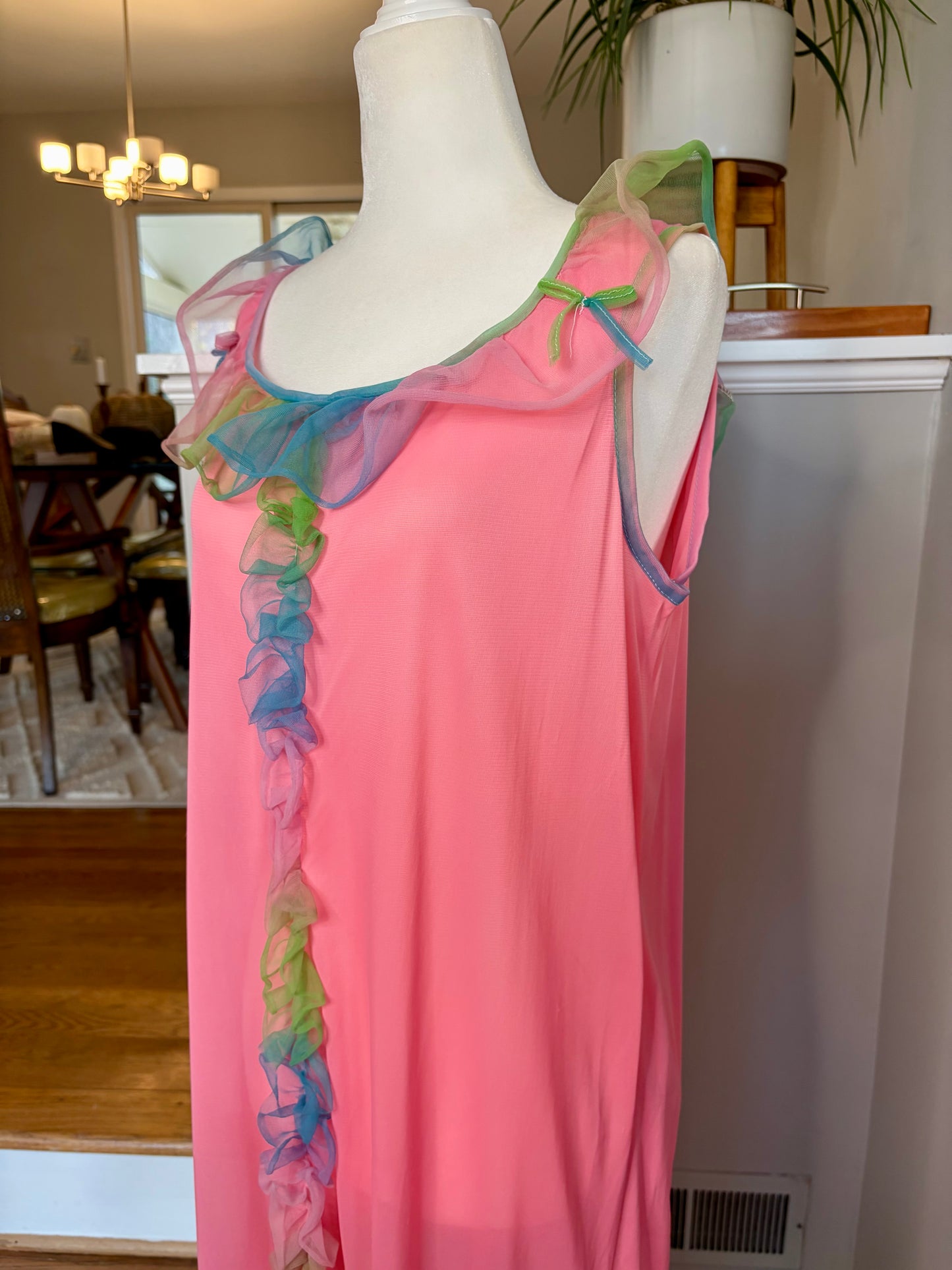 1960s Pink Nightgown with Blue/Green/Pink Ombré Ruffle Trim