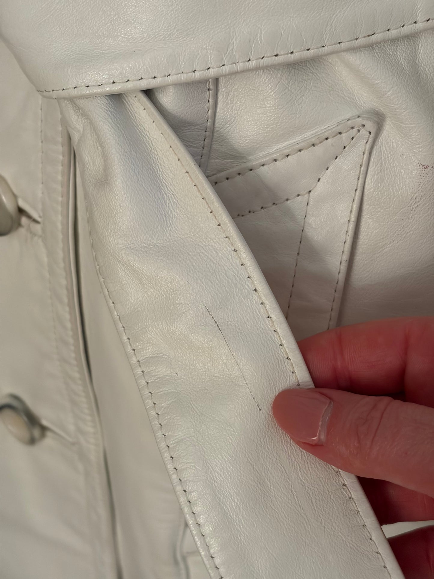 1970s White Leather Trench w/ Faux Fur Collar