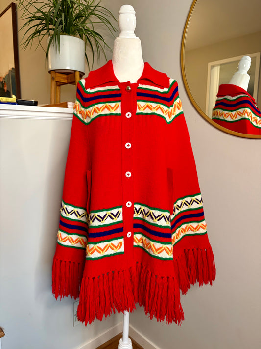 1970s Red Patterned Knit Poncho