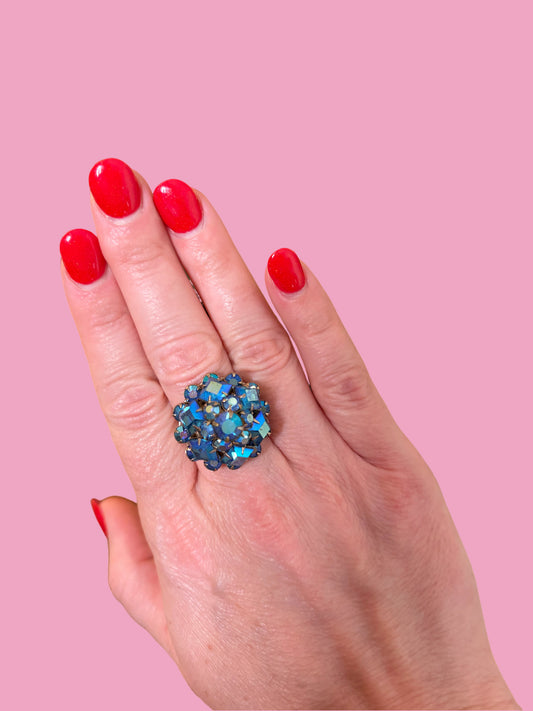 1960s Cluster Blue Rhinestone Cocktail Ring
