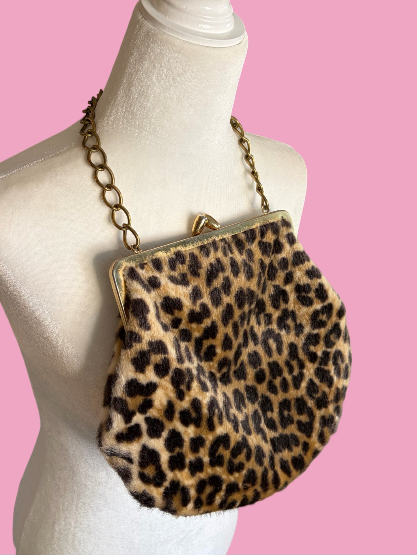 1960s Leopard Faux Fur Handbag with Gold Tone Chain