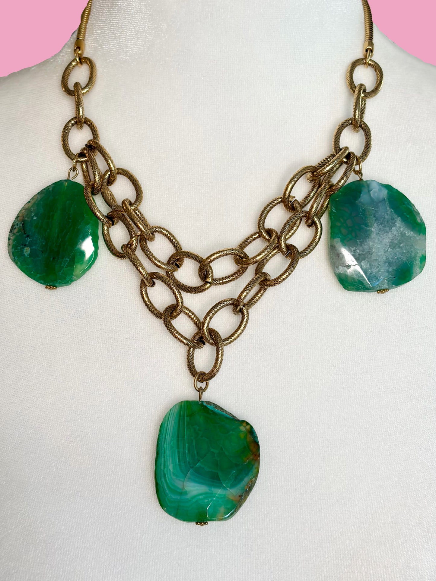 1970s Green Agate Gold Tone Chain Necklace