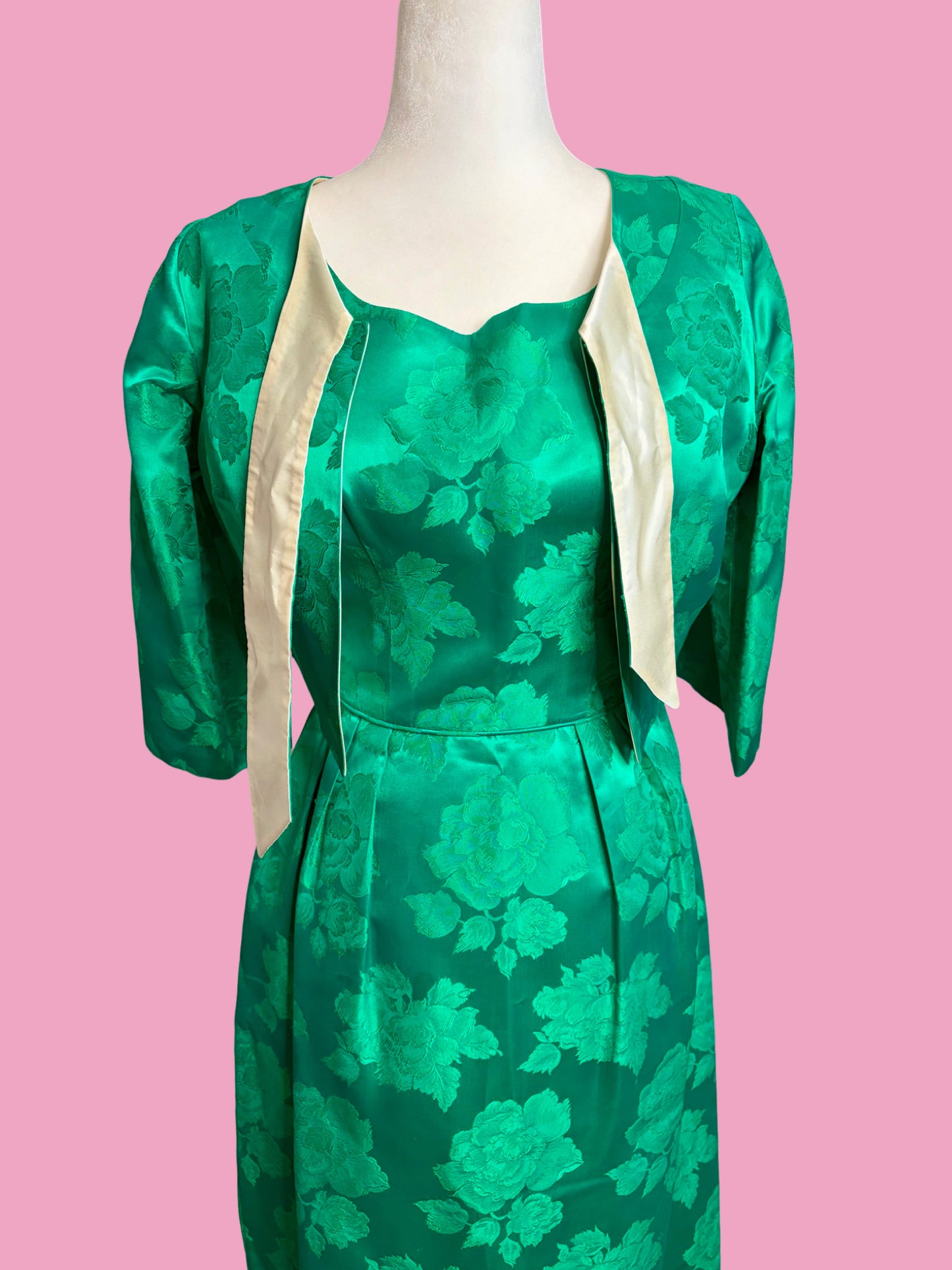 1950s Emerald Floral Brocade Party Dress with Matching Jacket