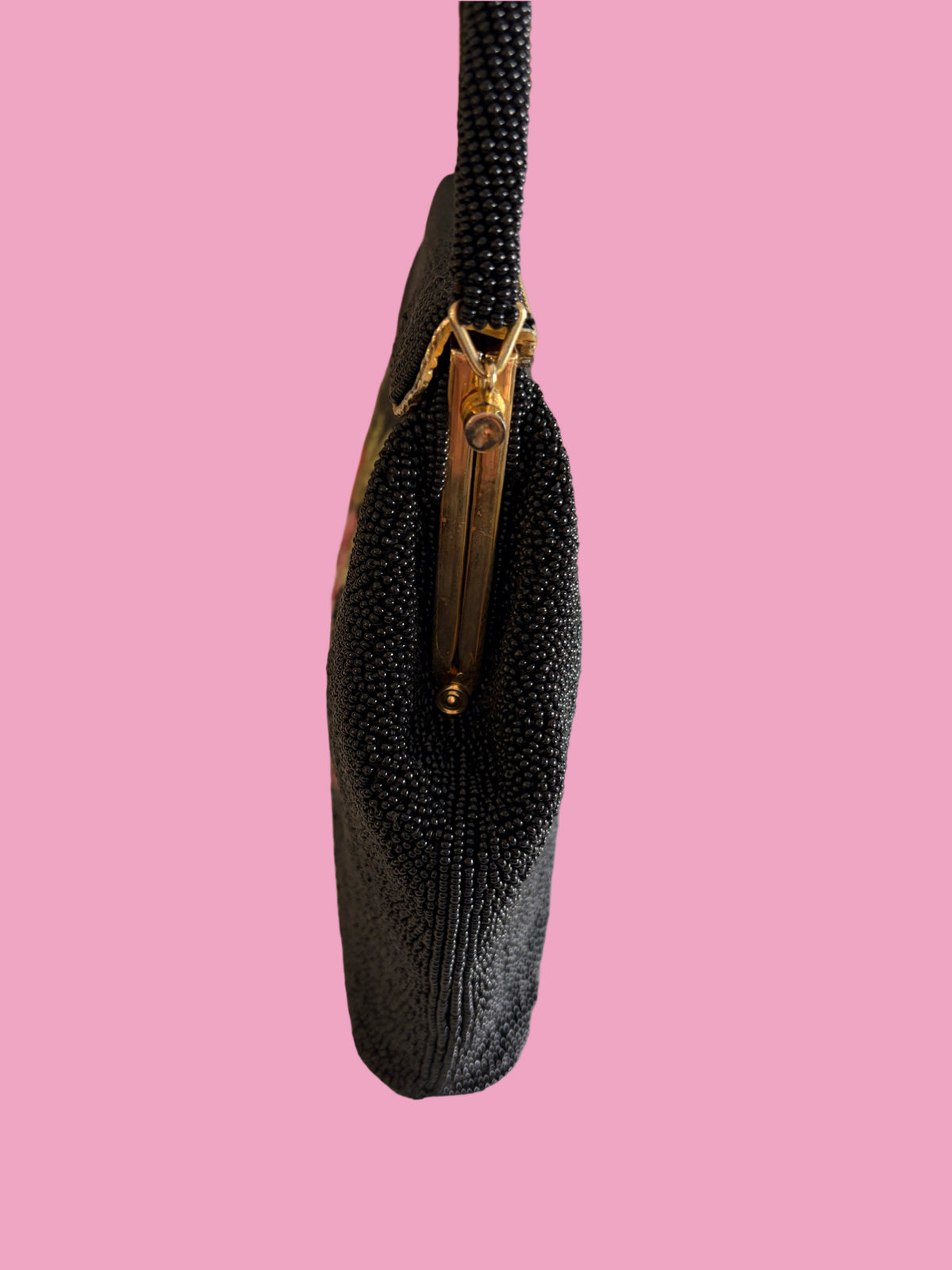1950s Vintage Mid Century Black Seed Bead Rose Needlepoint Handbag