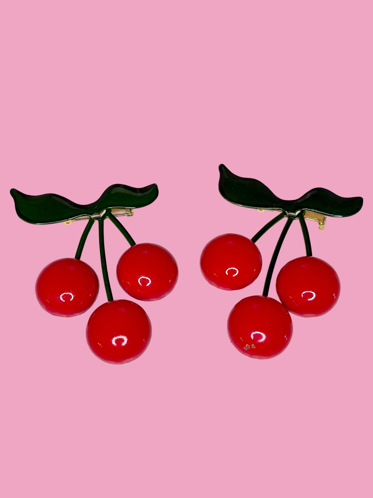 Vintage 1970s Pair of Enameled Cherry Cluster Brooches