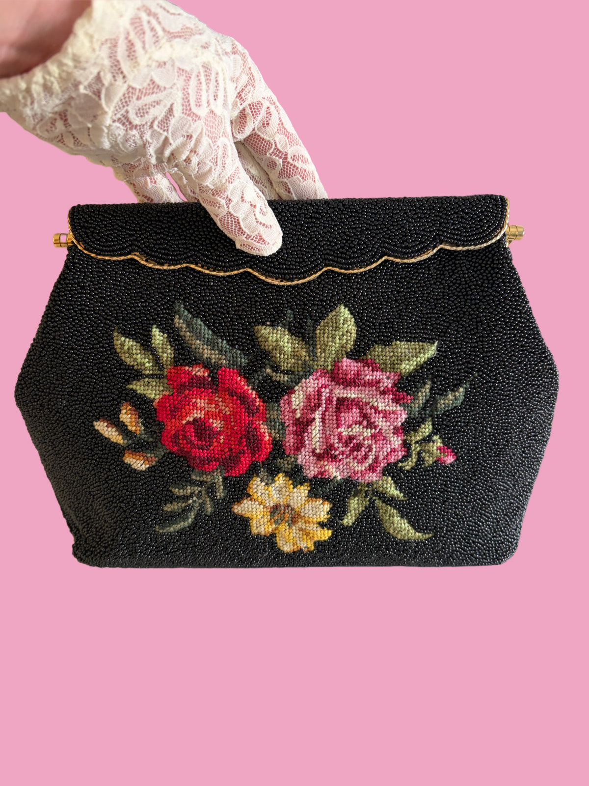 1950s Vintage Mid Century Black Seed Bead Rose Needlepoint Handbag