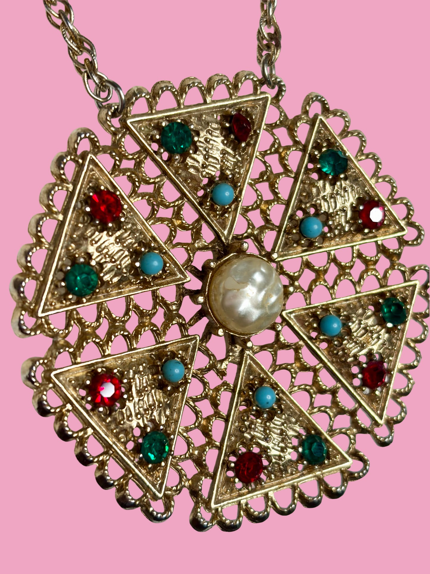 1960s Gold Tone Pendant Necklace w/ Colored Rhinestones, Blue Beads, & Faux Center Pearl