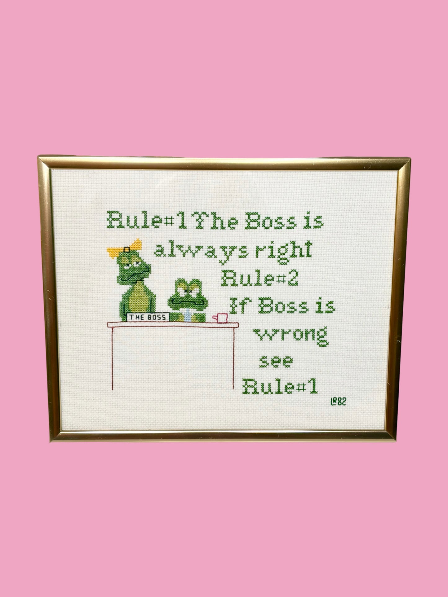 Vintage 1980s Kitschy Framed “Boss” Needlepoint