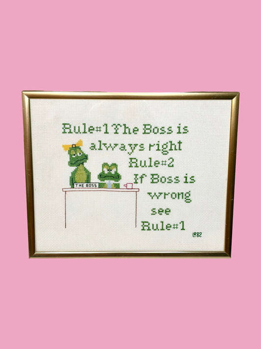 Vintage 1980s Kitschy Framed “Boss” Needlepoint