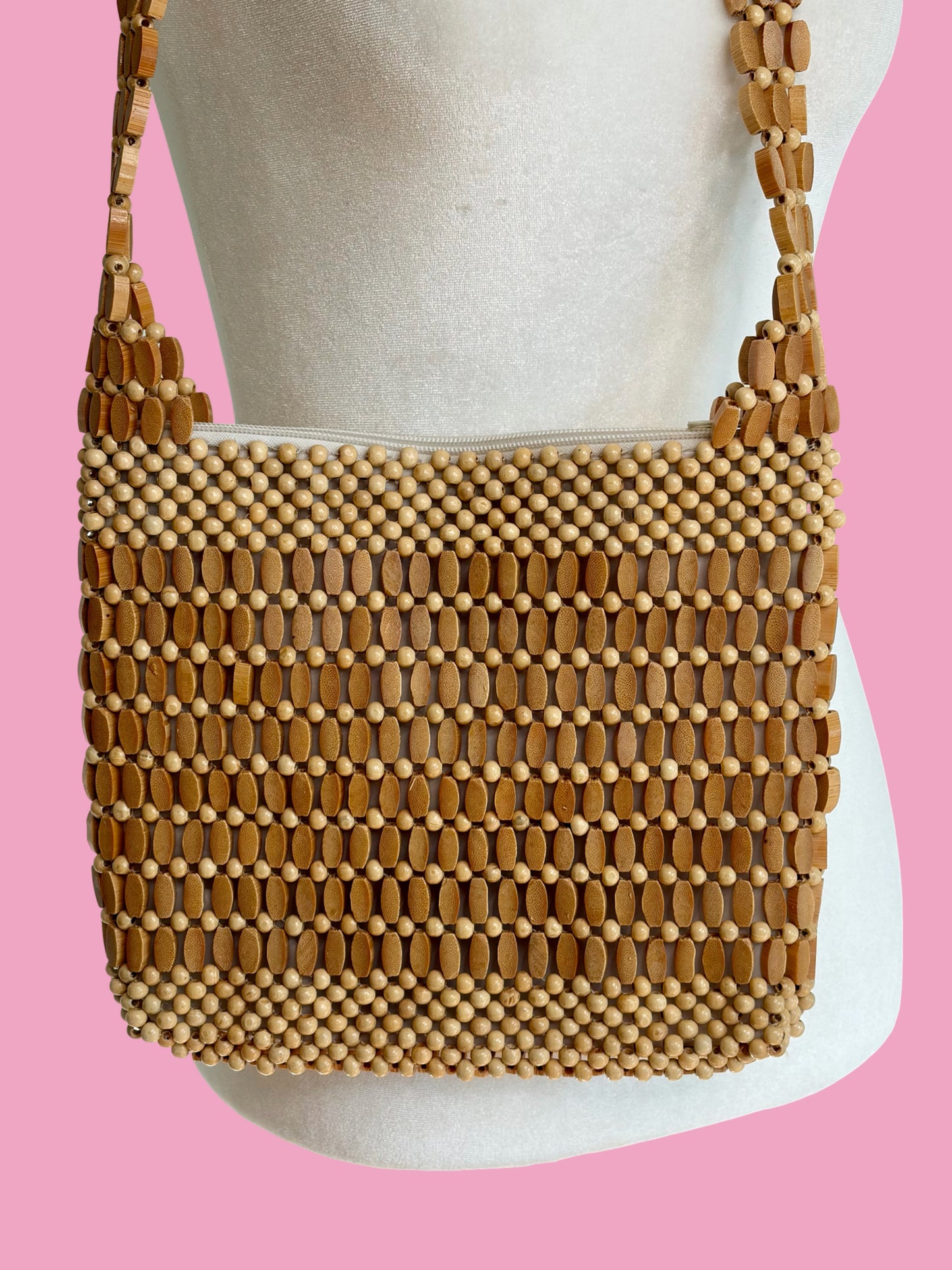1970s Boho Wooden Beaded Shoulder Bag