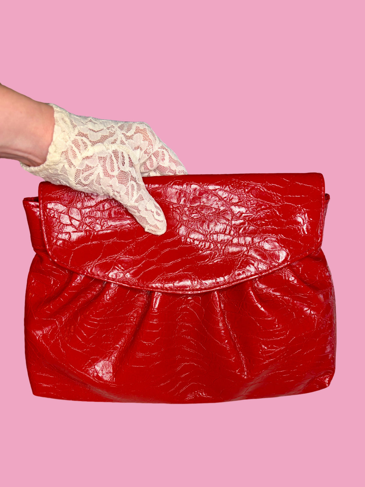 Vintage Large Cherry Red Faux Leather Clutch Bag